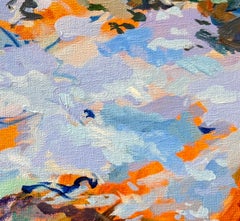 Autumn Passage: signed abstract landscape painting w/ fall leaves & blue stream