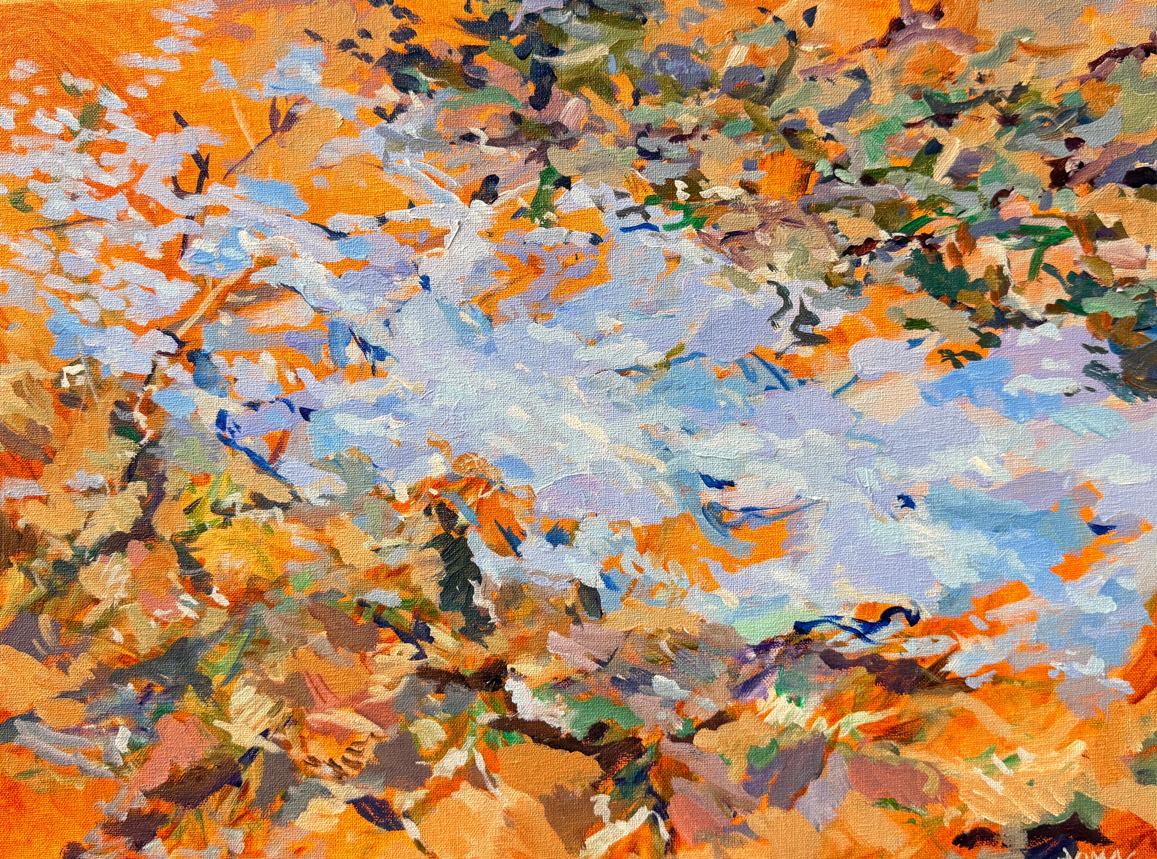 Autumn Passage: signed abstract landscape painting w/ fall leaves & blue stream