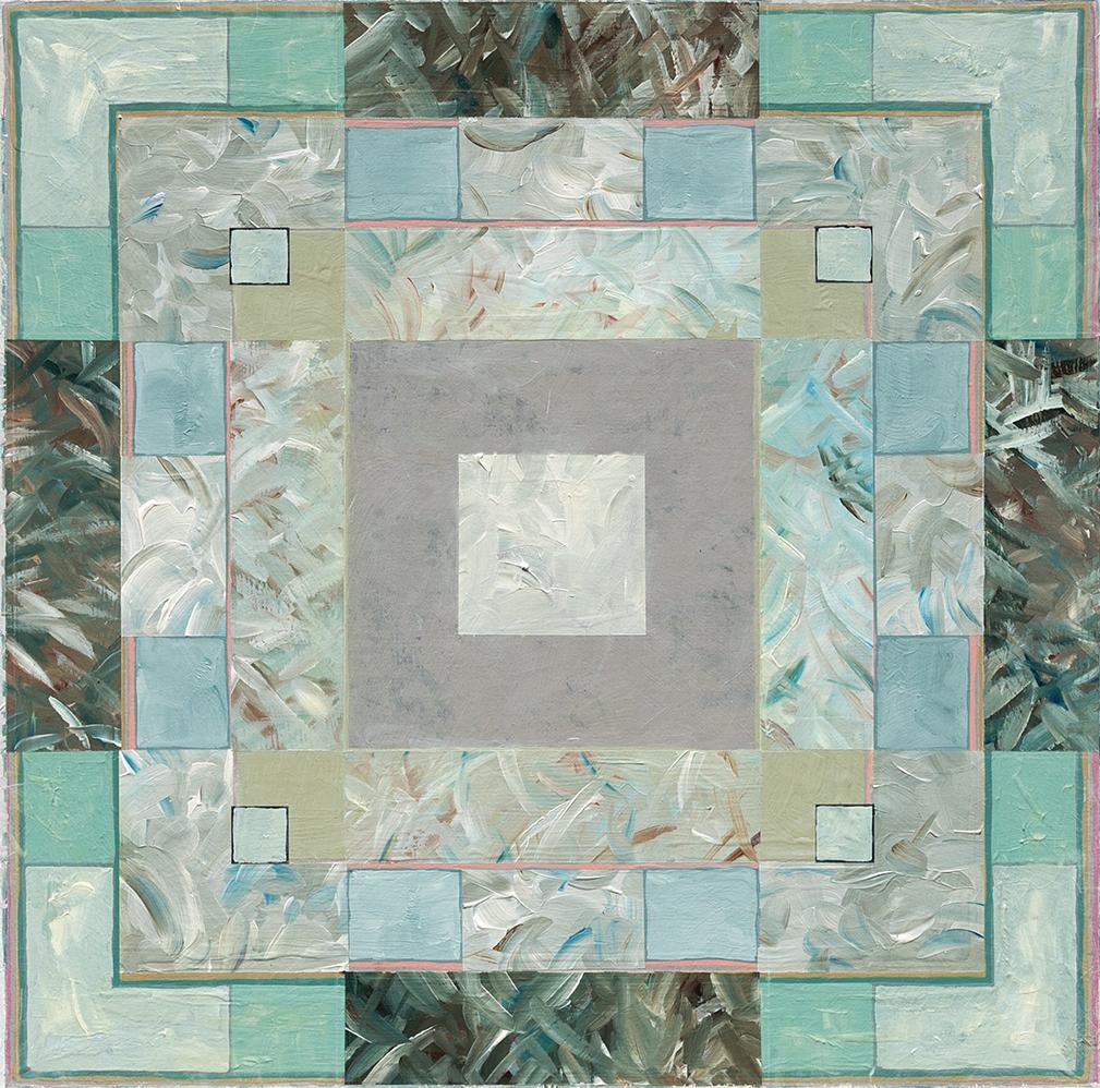 Elegance: contemporary geometric abstract painting w/ leaves -green, white, gray - Painting by Joseph McAleer