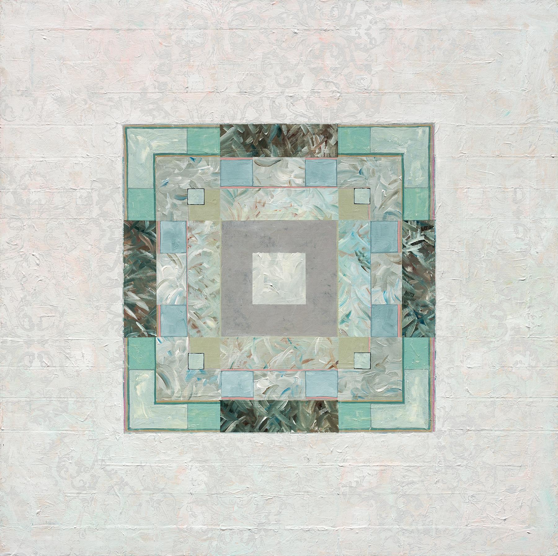Elegance: contemporary geometric abstract painting w/ leaves -green, white, gray