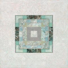 Elegance: contemporary geometric abstract painting w/ leaves -green, white, gray