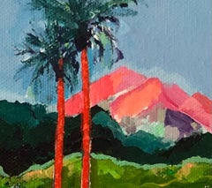 Fauve Flamingos: birds in landscape w/ blue water, pink mountains, palm trees