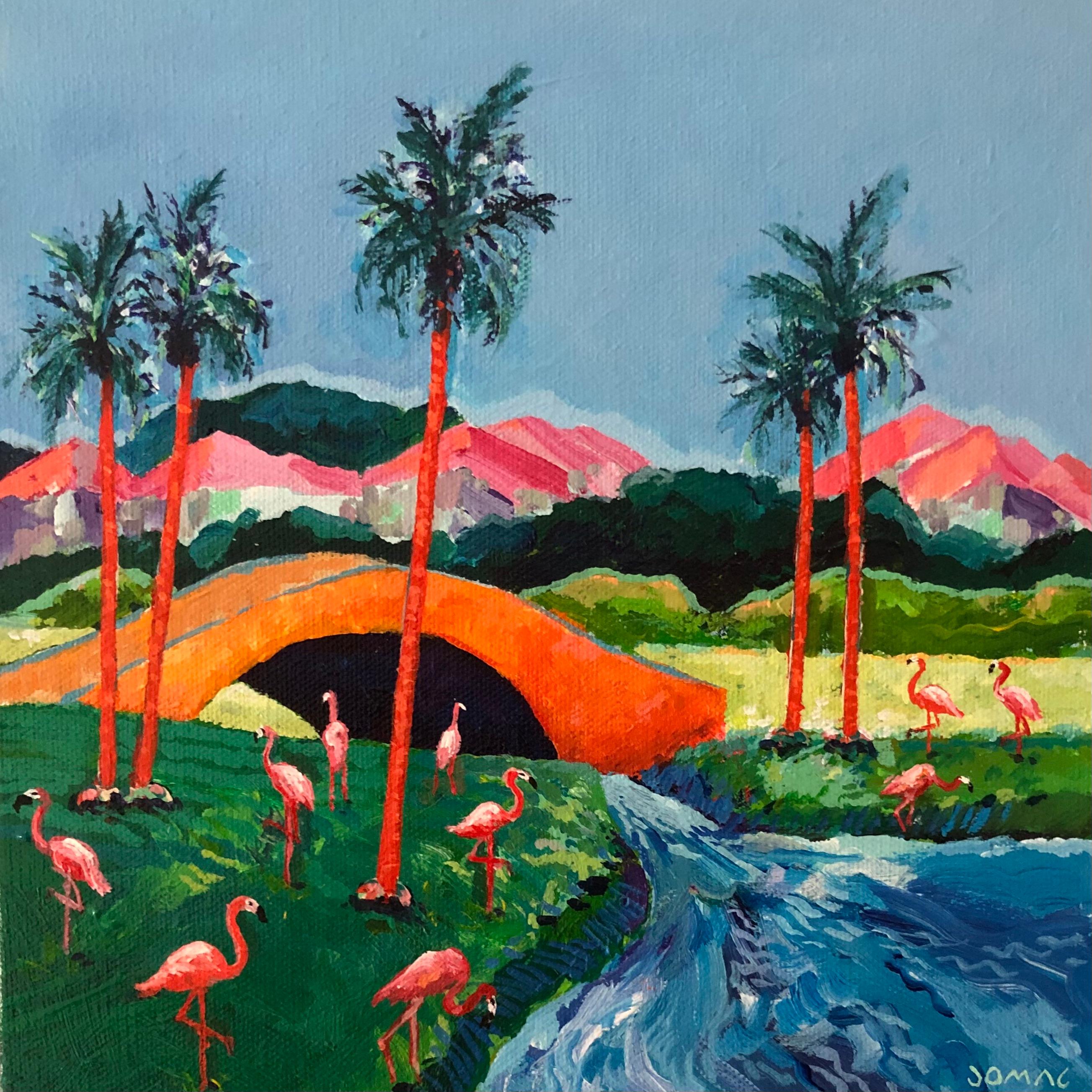 Joseph McAleer Landscape Painting - Fauve Flamingos: birds in landscape w/ blue water, pink mountains, palm trees