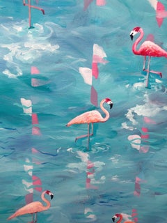 Flamingo: large painting w/ turquoise, pink birds & blue sea / ocean & sky