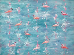 Flamingo: large painting w/ turquoise, pink birds & blue sea / ocean & sky