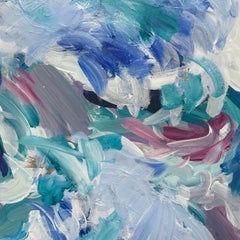 Gerahmtes abstraktes Gemälde, das an Figuren auf dem Meer erinnert, mit Blau- und Grüntönen: "Odysseus