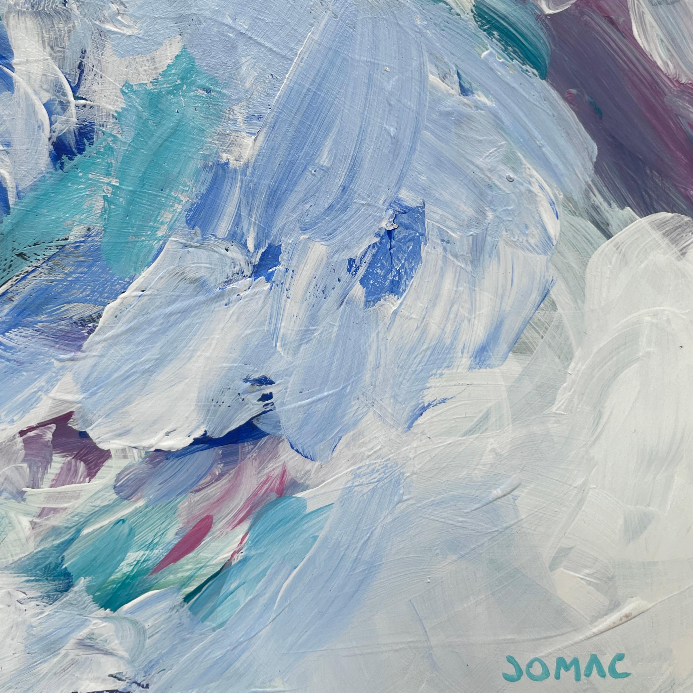 Framed abstract painting evoking figures on the sea w/ blues & greens: 