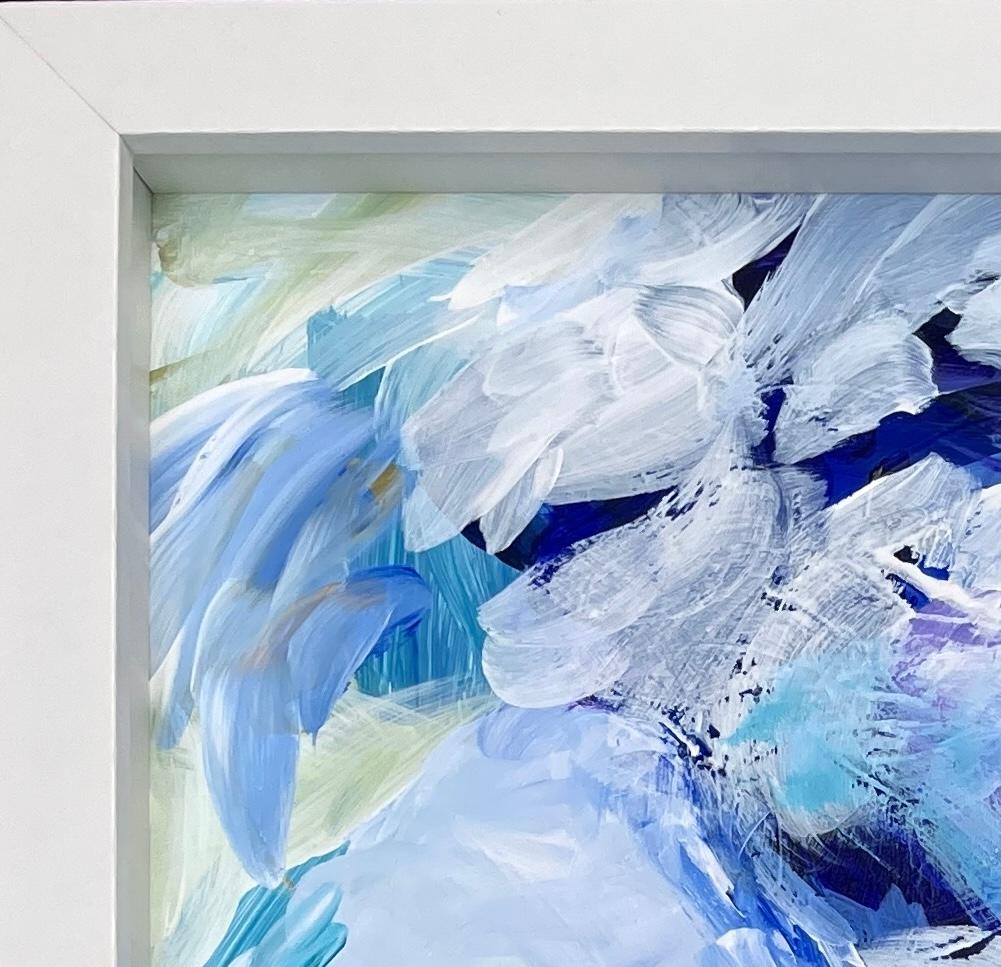 Framed abstract painting evoking figures on the sea w/ blues & greens: 