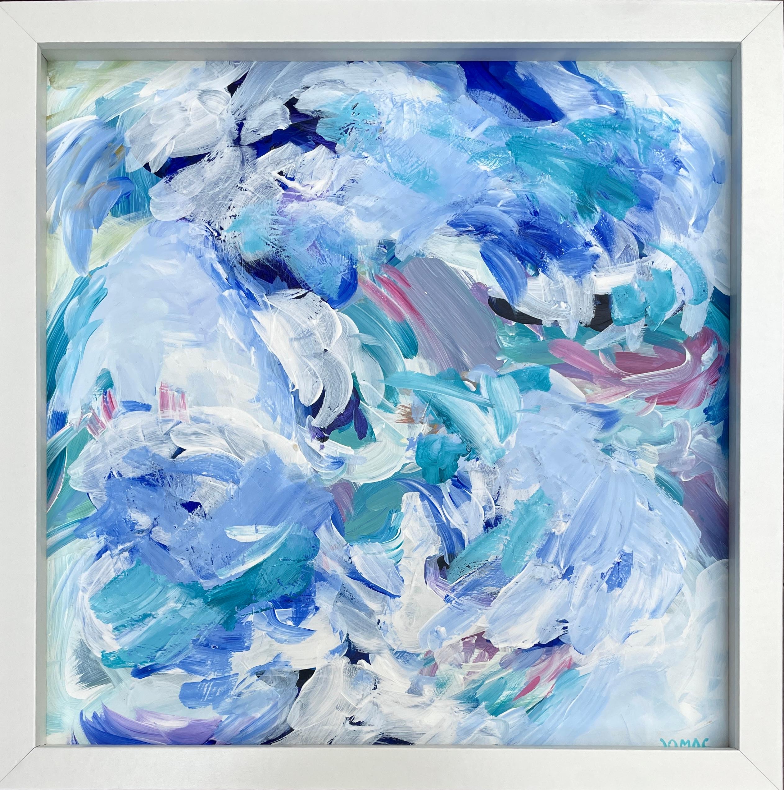 Joseph McAleer Landscape Painting - Framed abstract painting evoking figures on the sea w/ blues & greens: "Odysseus