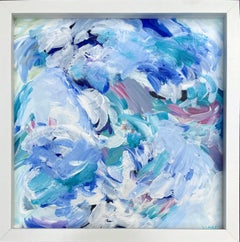 Framed abstract painting evoking figures on the sea w/ blues & greens: "Odysseus