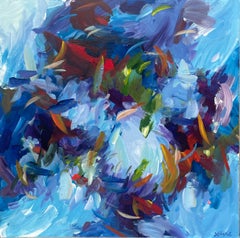 Cuadro abstracto enmarcado de figuras bailando en un paisaje, c/ azul: "Kimono"