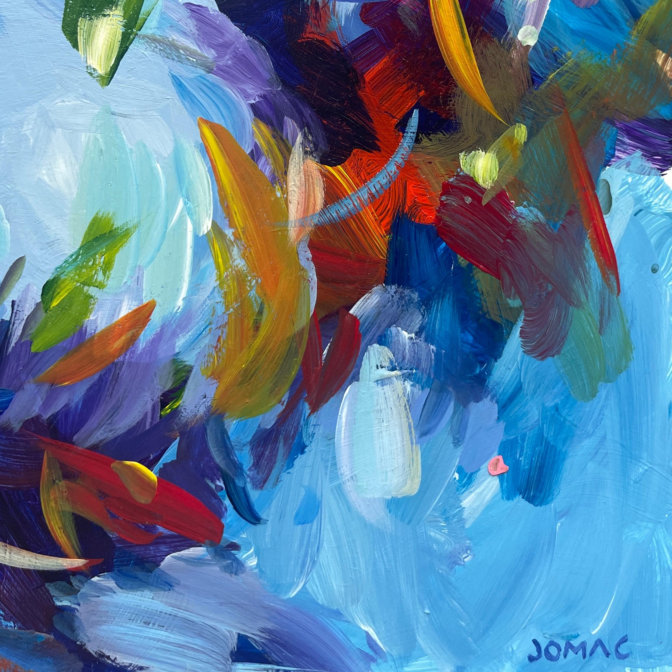 Quadro astratto incorniciato con figure che danzano in un paesaggio, con blu: 