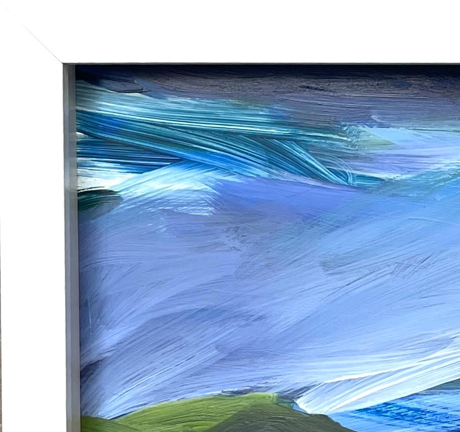 Cuadro abstracto enmarcado de paisaje oceánico nocturno con azul y morado: Costa Norte en venta 3