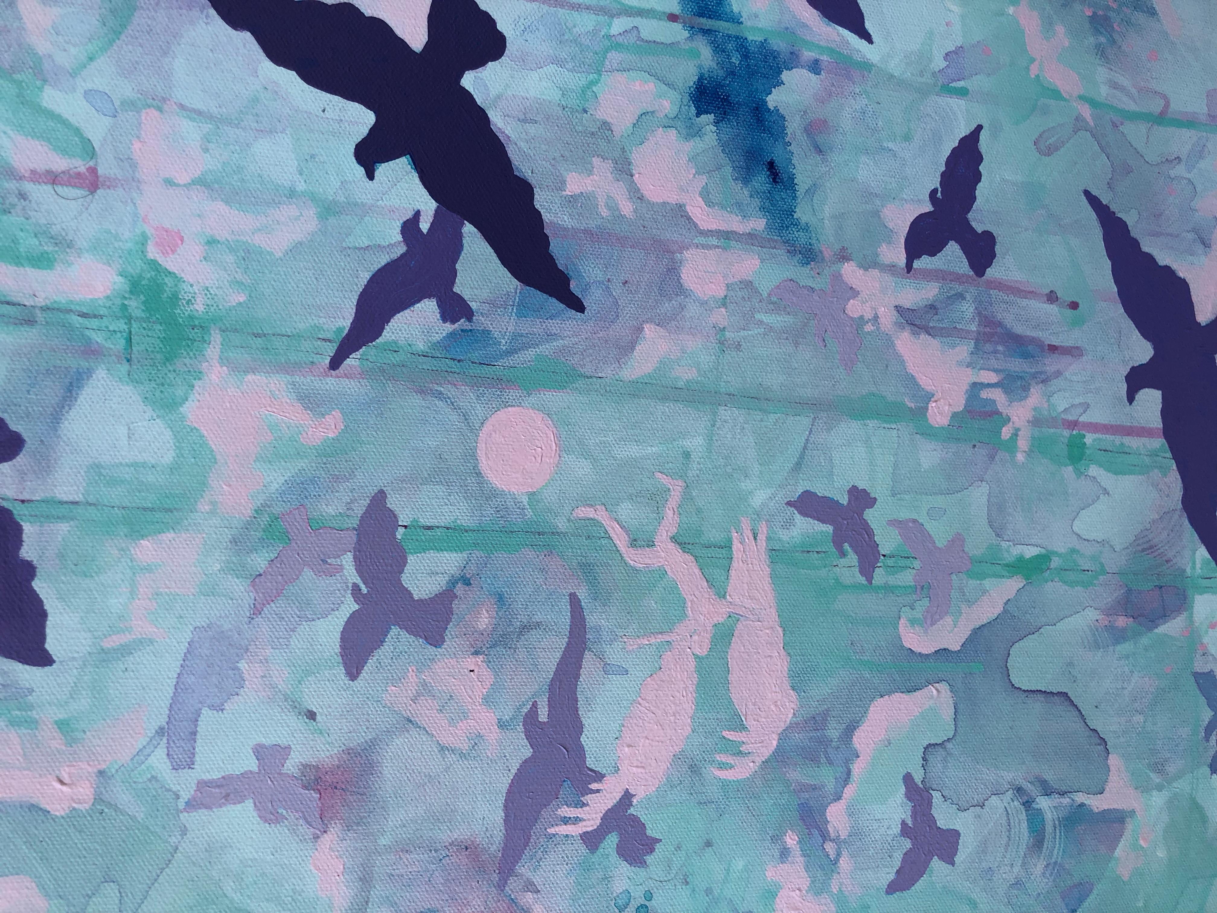 In Search of Icarus: mythology painting w/ pink, violet  birds & blue sky - Painting by Joseph McAleer