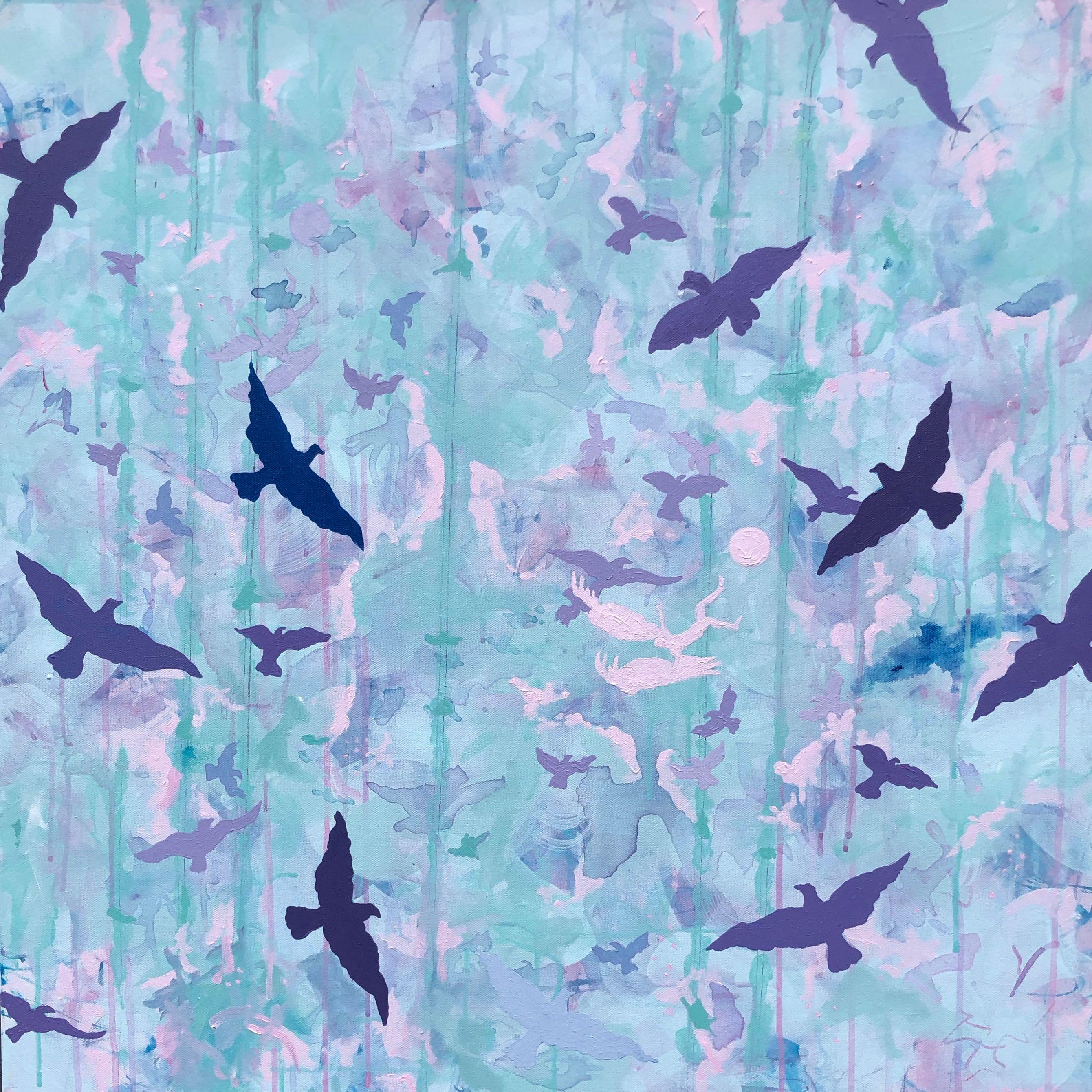 Auf der Suche nach Icarus: Gemälde der Mythologie mit rosa, violettem Muster  Vögel und blauer Himmel