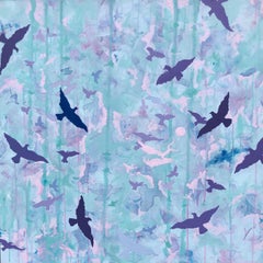In Search of Icarus: mythology painting w/ pink, violet  birds & blue sky