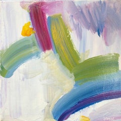 Industry: contemporary abstract painting in blue, green, pink & yellow pastels