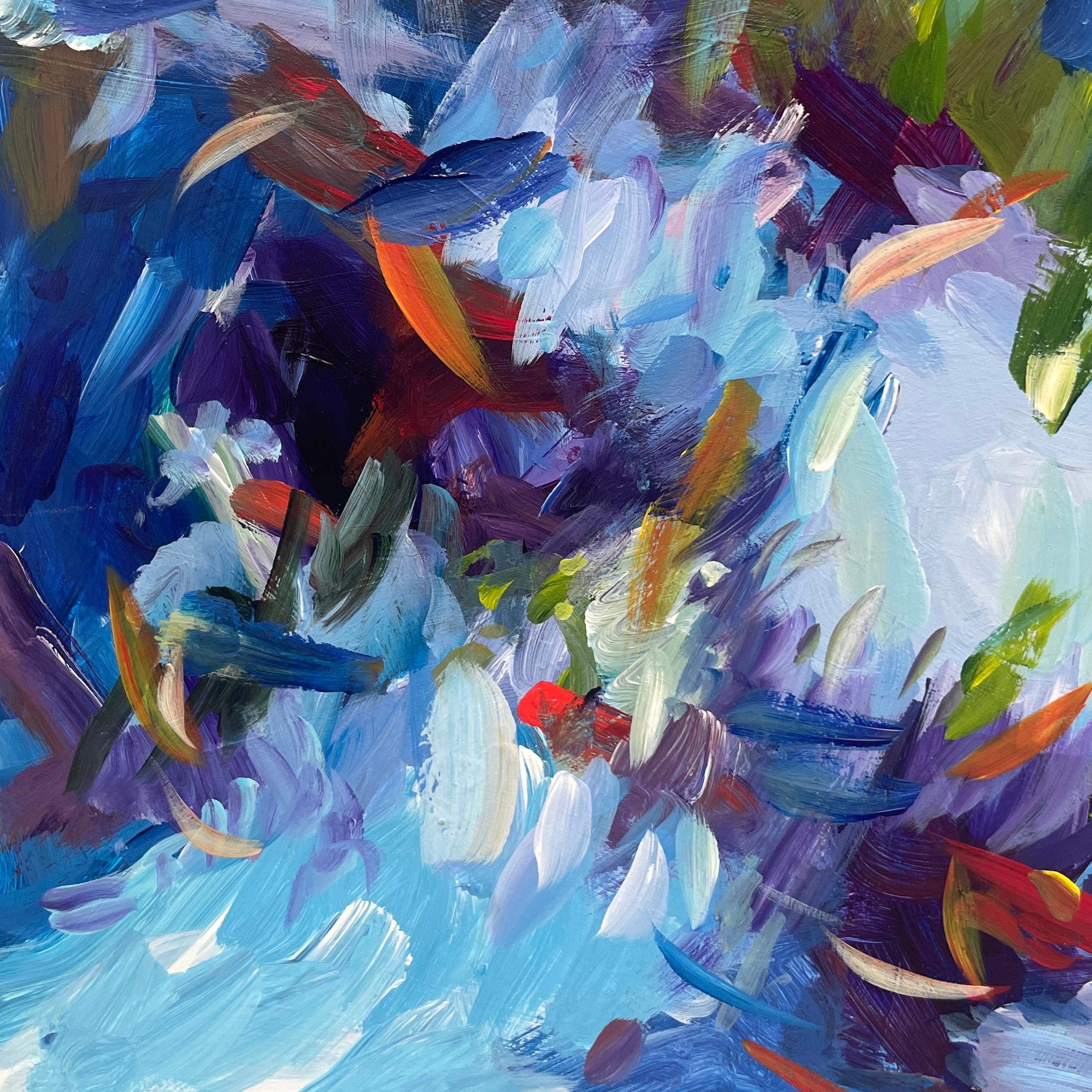 Kimona : peinture abstraite représentant une figure dansant dans un paysage, avec des bleus et des violets - Marron Figurative Painting par Joseph McAleer