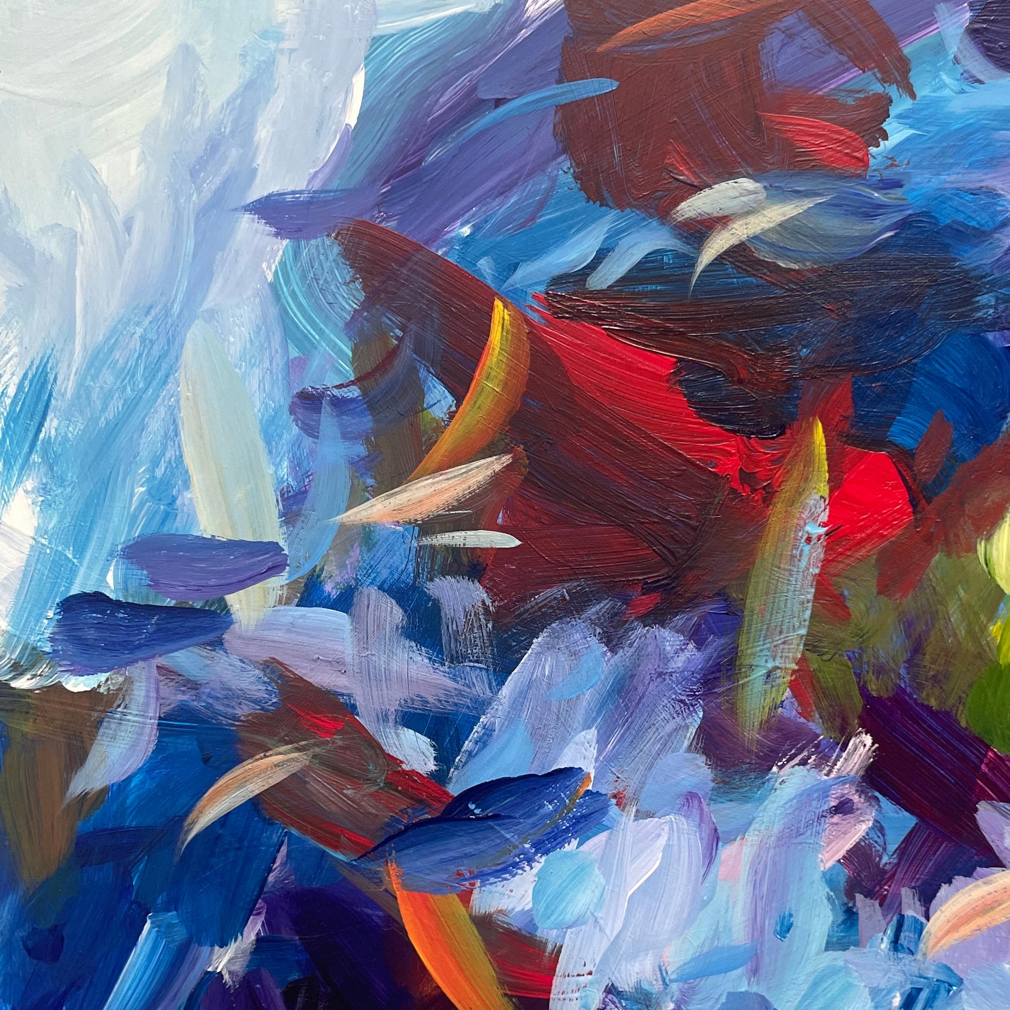 Il s'agit d'une peinture acrylique abstraite sur panneau de masonite évoquant une figure dansante dans un paysage, peut-être vêtue d'un kimono japonais. Signée 