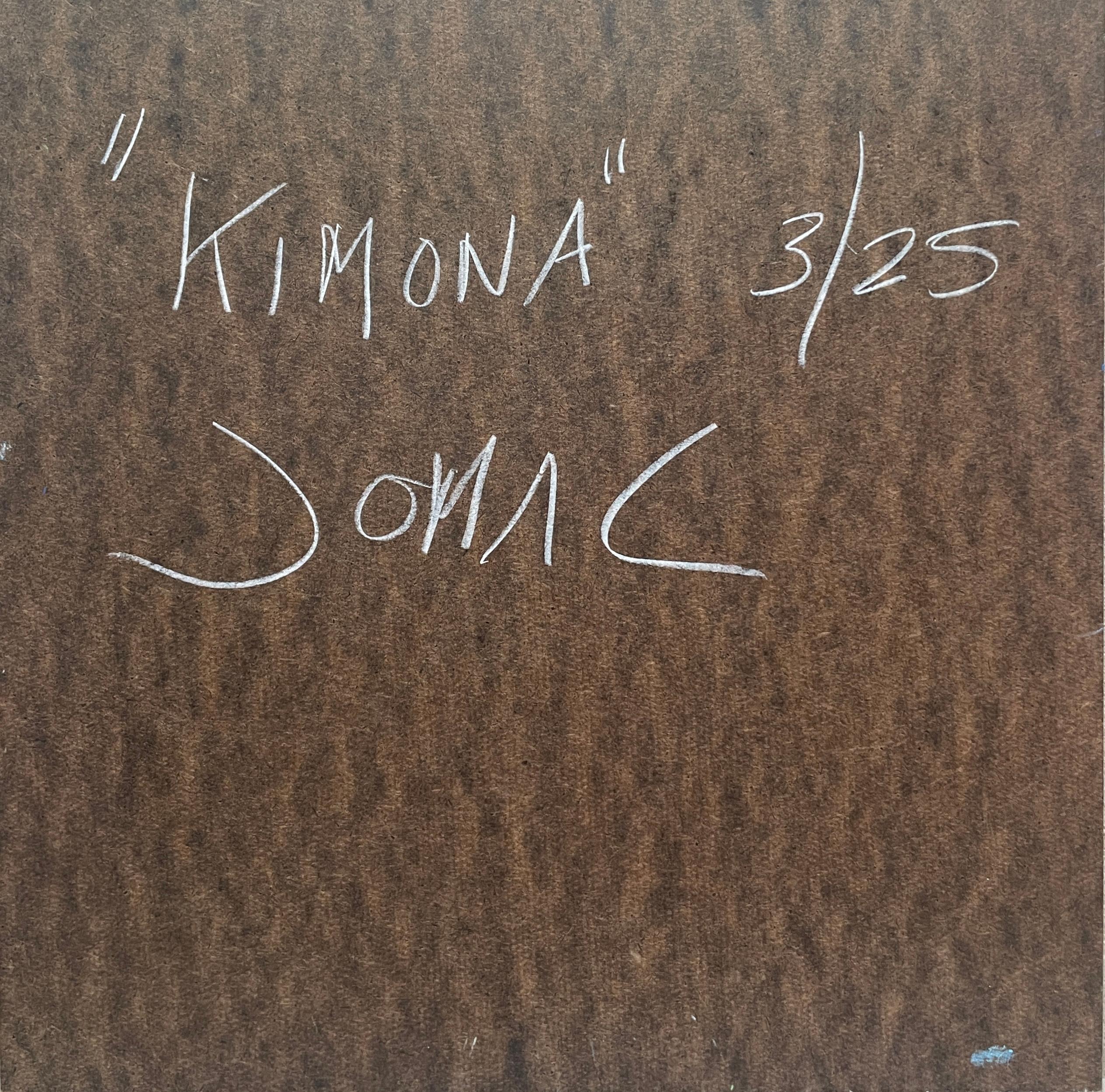Kimona : peinture abstraite représentant une figure dansant dans un paysage, avec des bleus et des violets en vente 1