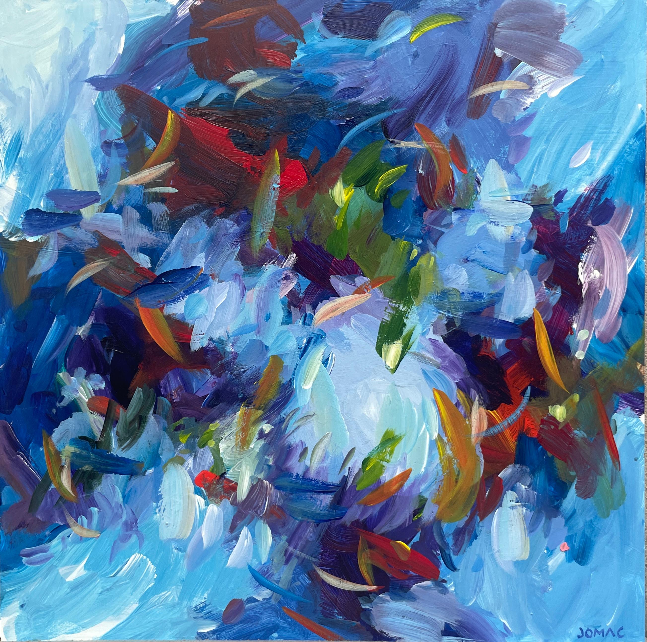 Kimona: dipinto astratto di una figura che danza in un paesaggio, con blu e viola