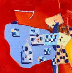 Memory Machine: abstract oil painting w/ organic shapes & vivid colors on red
