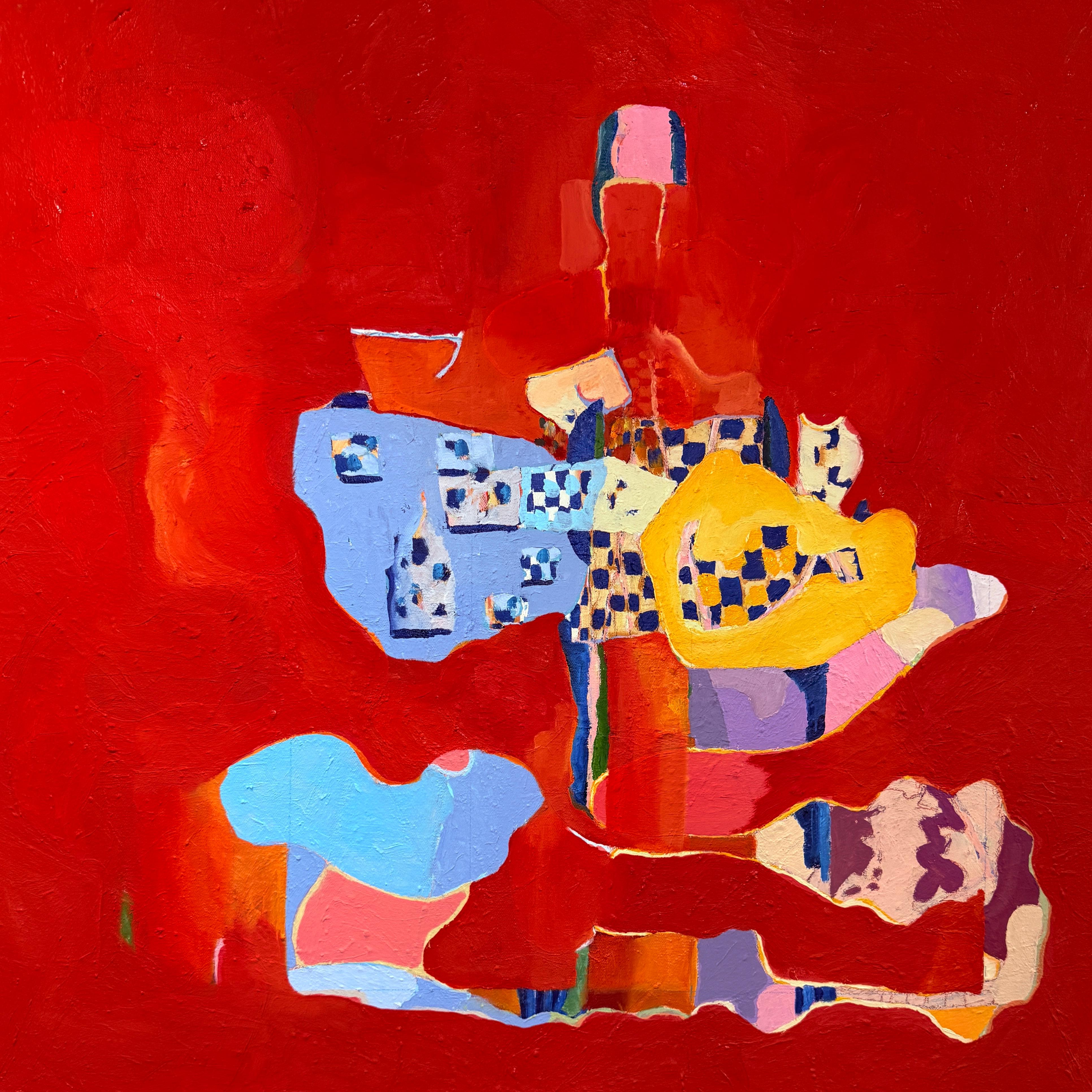 Memory Machine: abstract oil painting w/ organic shapes & vivid colors on red