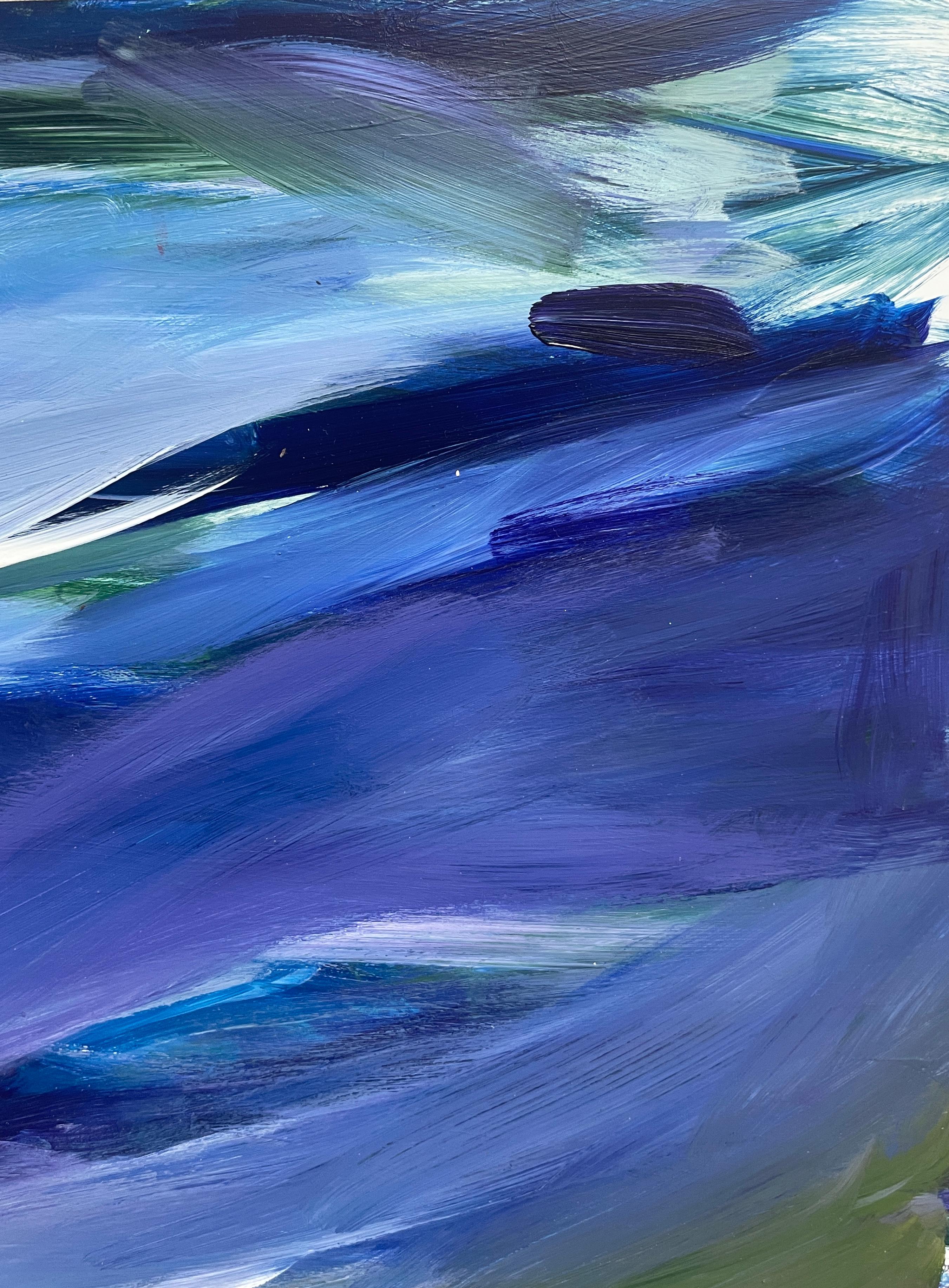 Si tratta di un dipinto acrilico astratto su tavola di masonite che evoca un paesaggio marino o oceanico notturno. I colori predominanti sono il blu e il viola.  Firmato 