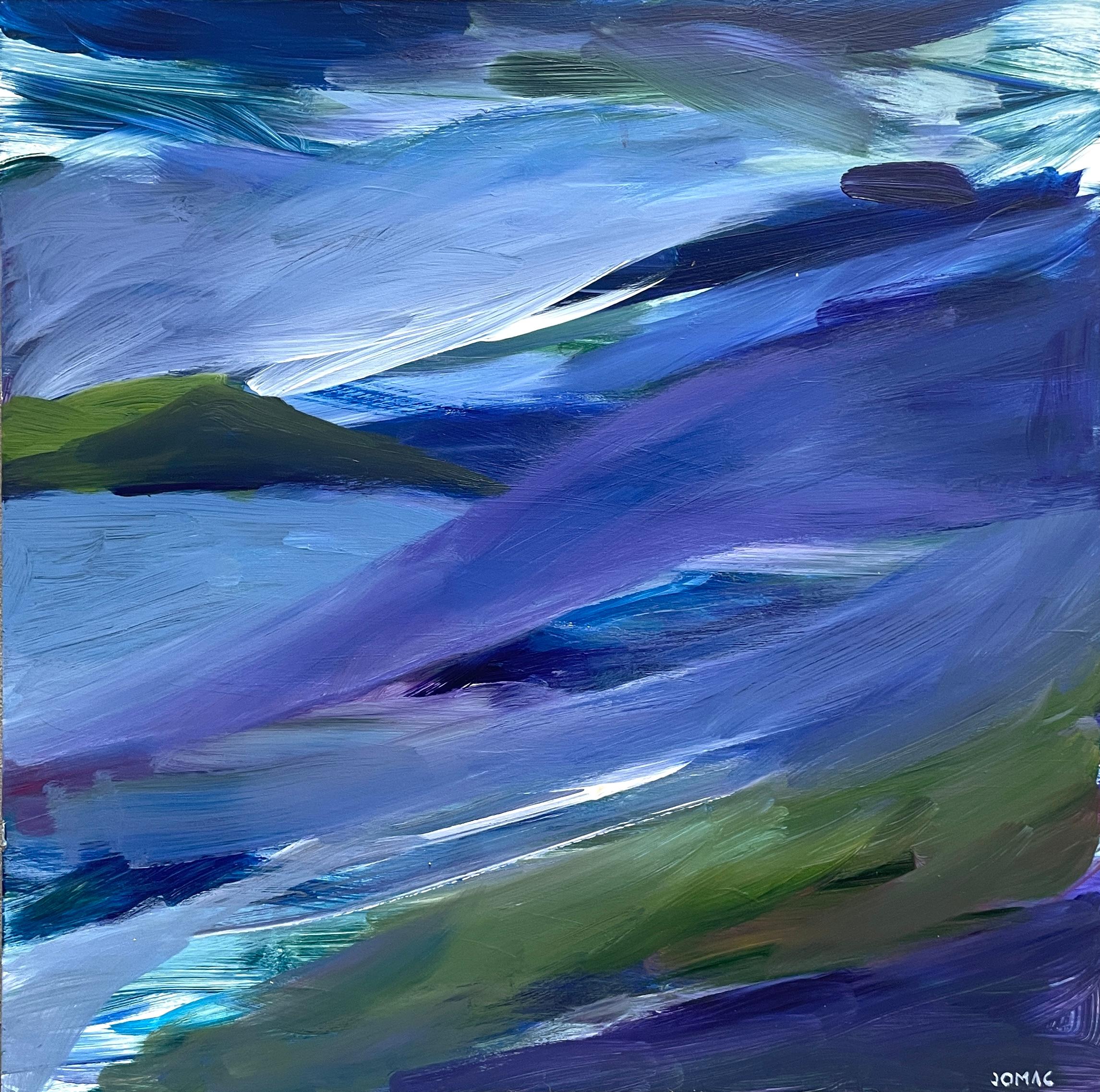 Abstract Painting di Joseph McAleer - North Shore: dipinto astratto che evoca un paesaggio oceanico notturno con blu e viola