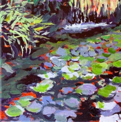 Pond at Midday: signed landscape acrylic on canvas painting w/ lily pads, trees