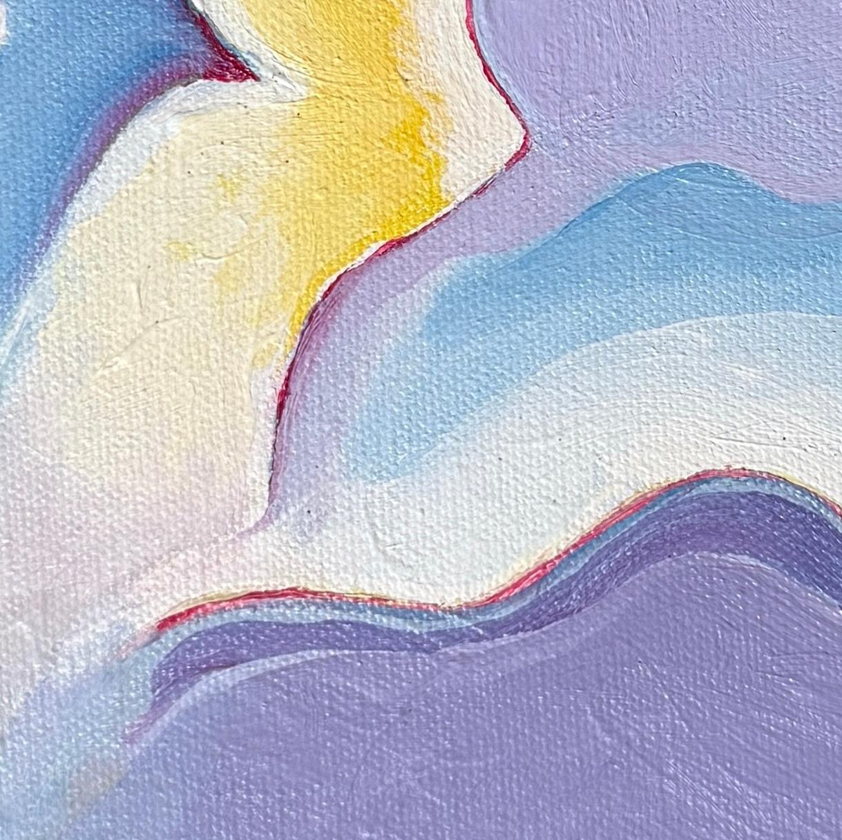 Dies ist ein Gemälde in Acryl auf Leinwand, das abstrakte Bilder mit surrealistischen Untertönen in einer Reihe von Pastellfarben zeigt. Es ist auf der Vorder- und Rückseite signiert. Die Kanten sind sauber verarbeitet und lackiert, so dass keine