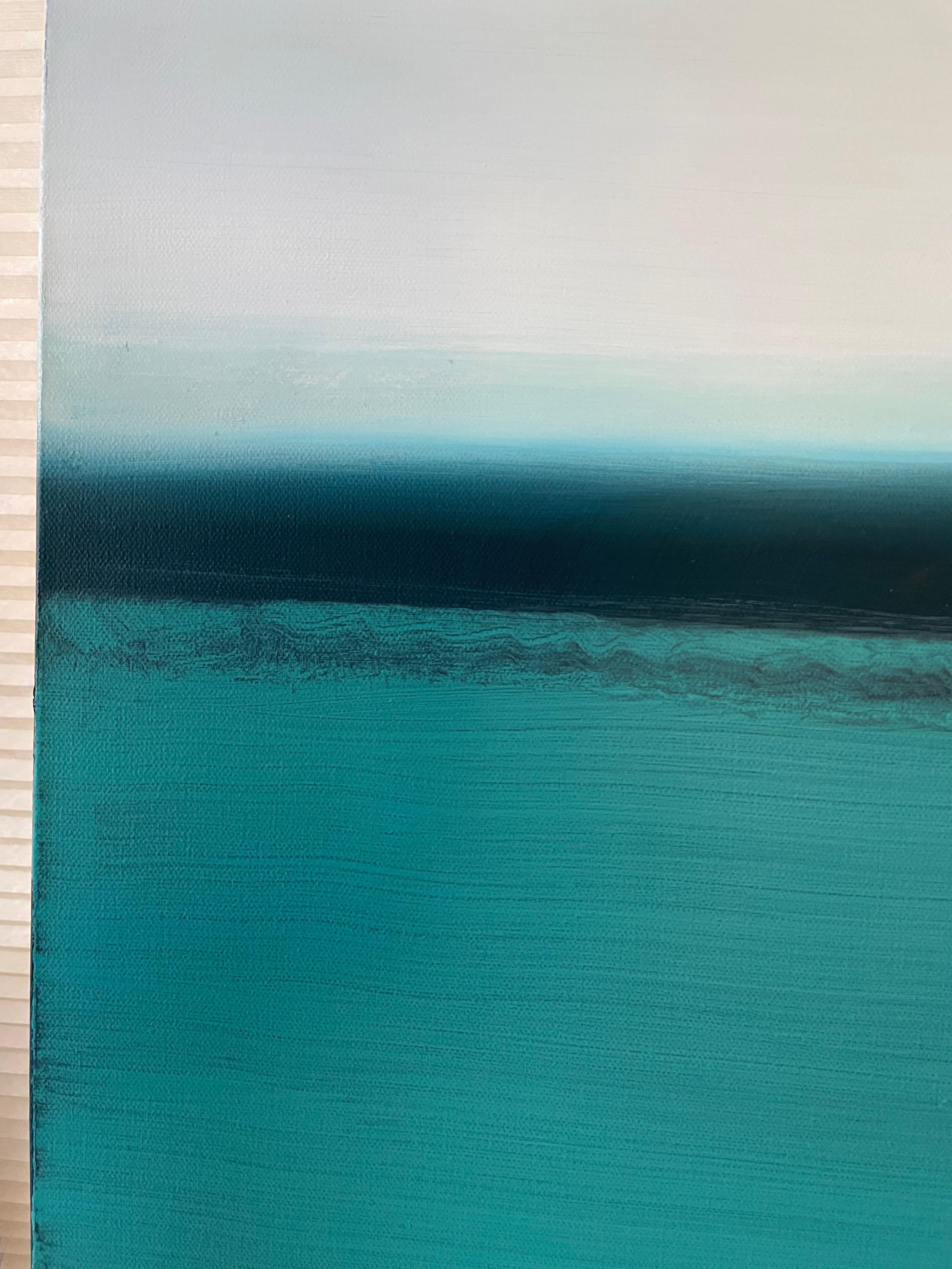 Peinture géométrique abstraite « River of Dreams » avec eau verte et ciel bleu - Abstrait Painting par Joseph McAleer