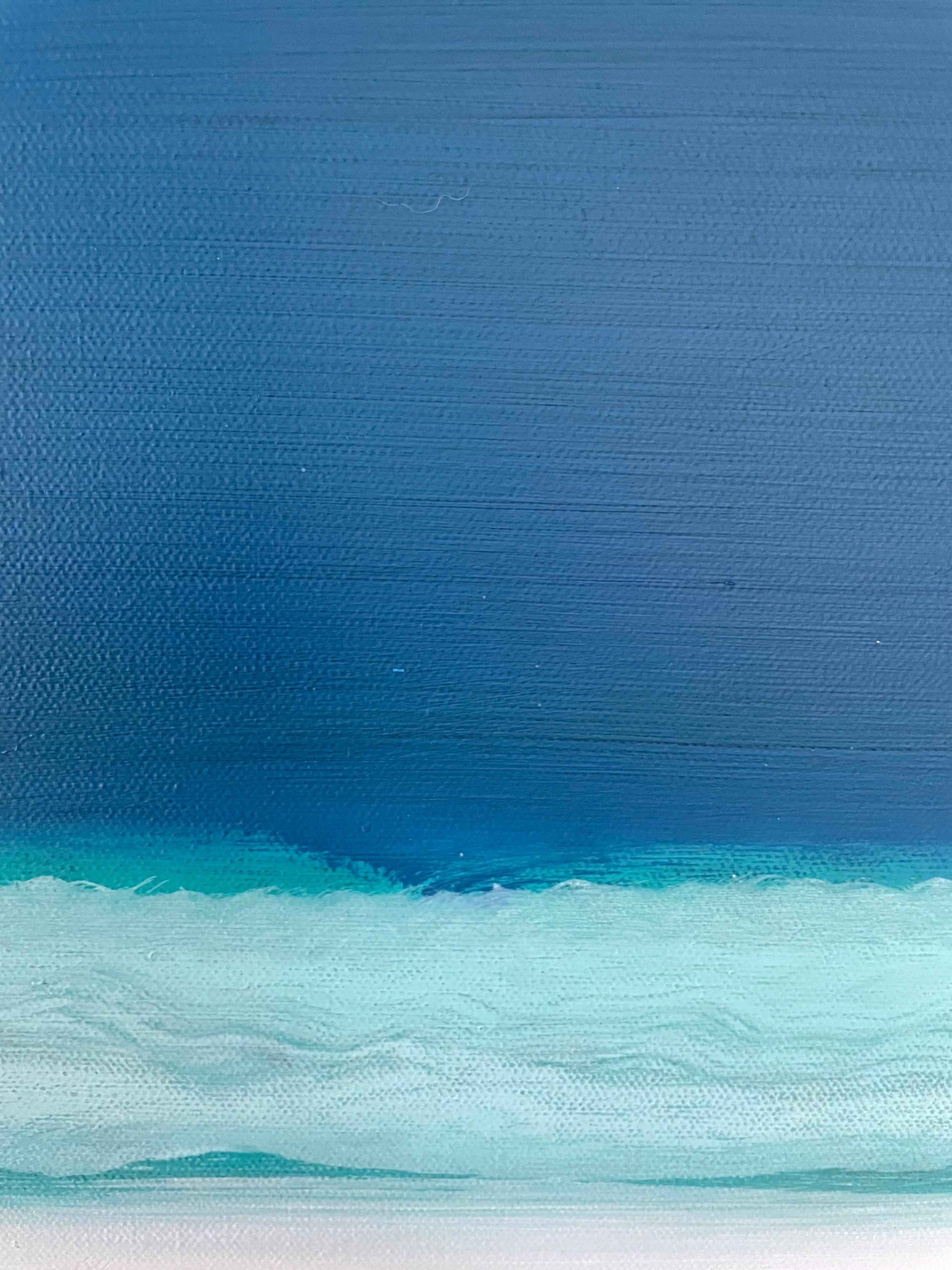 Il s'agit d'un paysage abstrait géométrique contemporain peint à l'huile sur toile avec de l'eau verte et un ciel bleu. Elle rappelle la tradition moderniste des champs de couleurs de Mark Rothko. Il est signé au dos. Tout le matériel d'accrochage