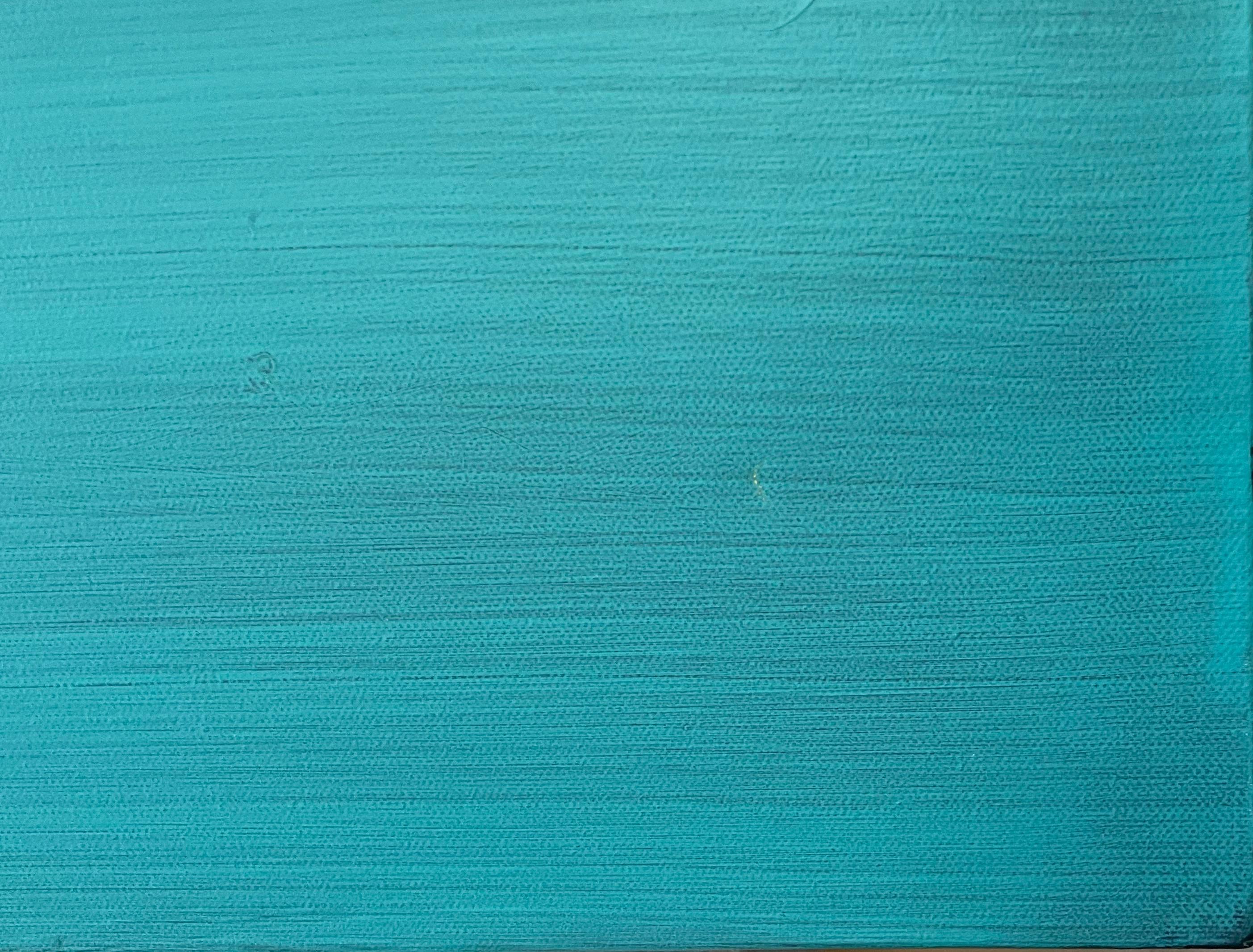Peinture géométrique abstraite « River of Dreams » avec eau verte et ciel bleu en vente 1