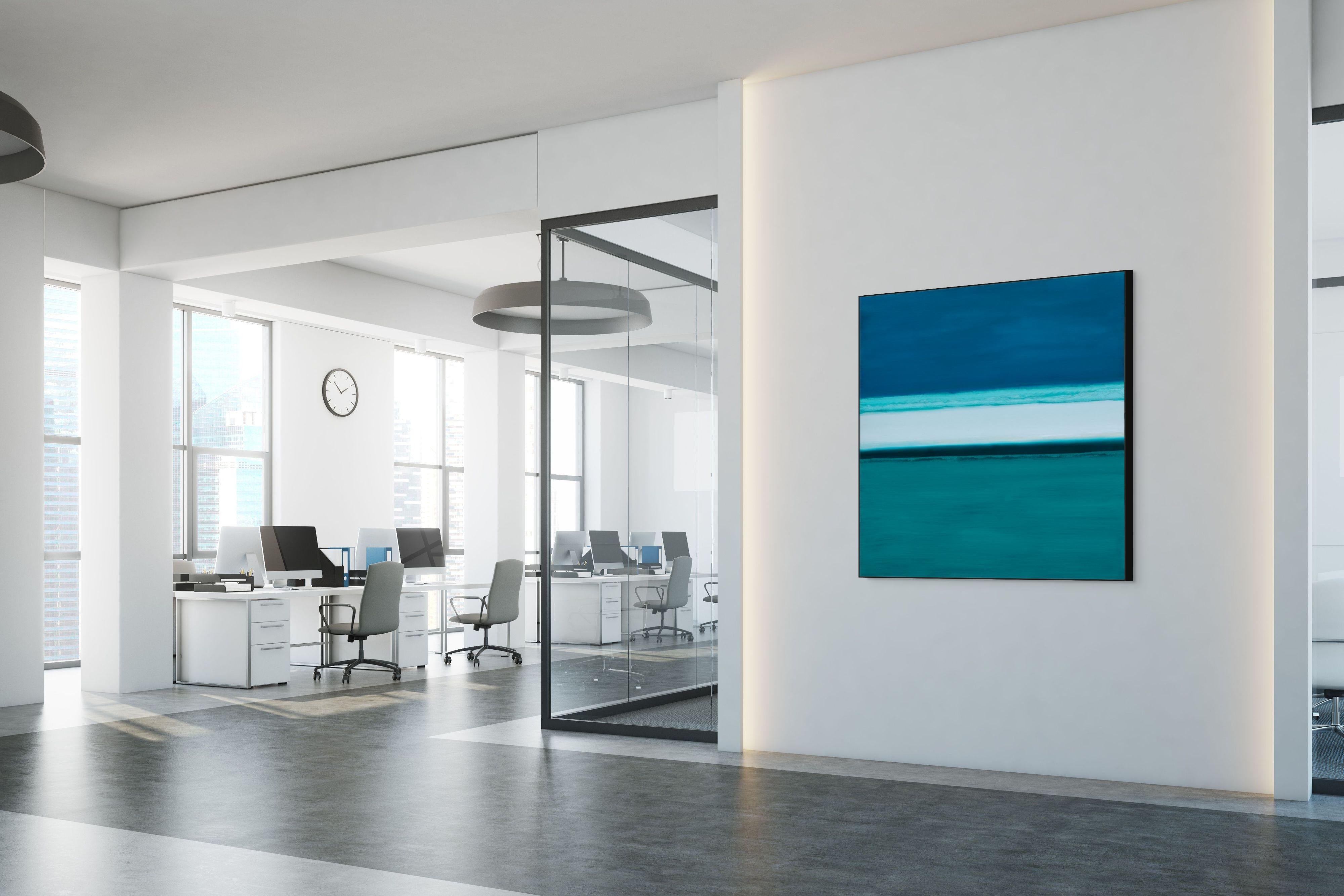 River of Dreams: geometric abstract landscape painting w/ green water & blue sky - Painting by Joseph McAleer