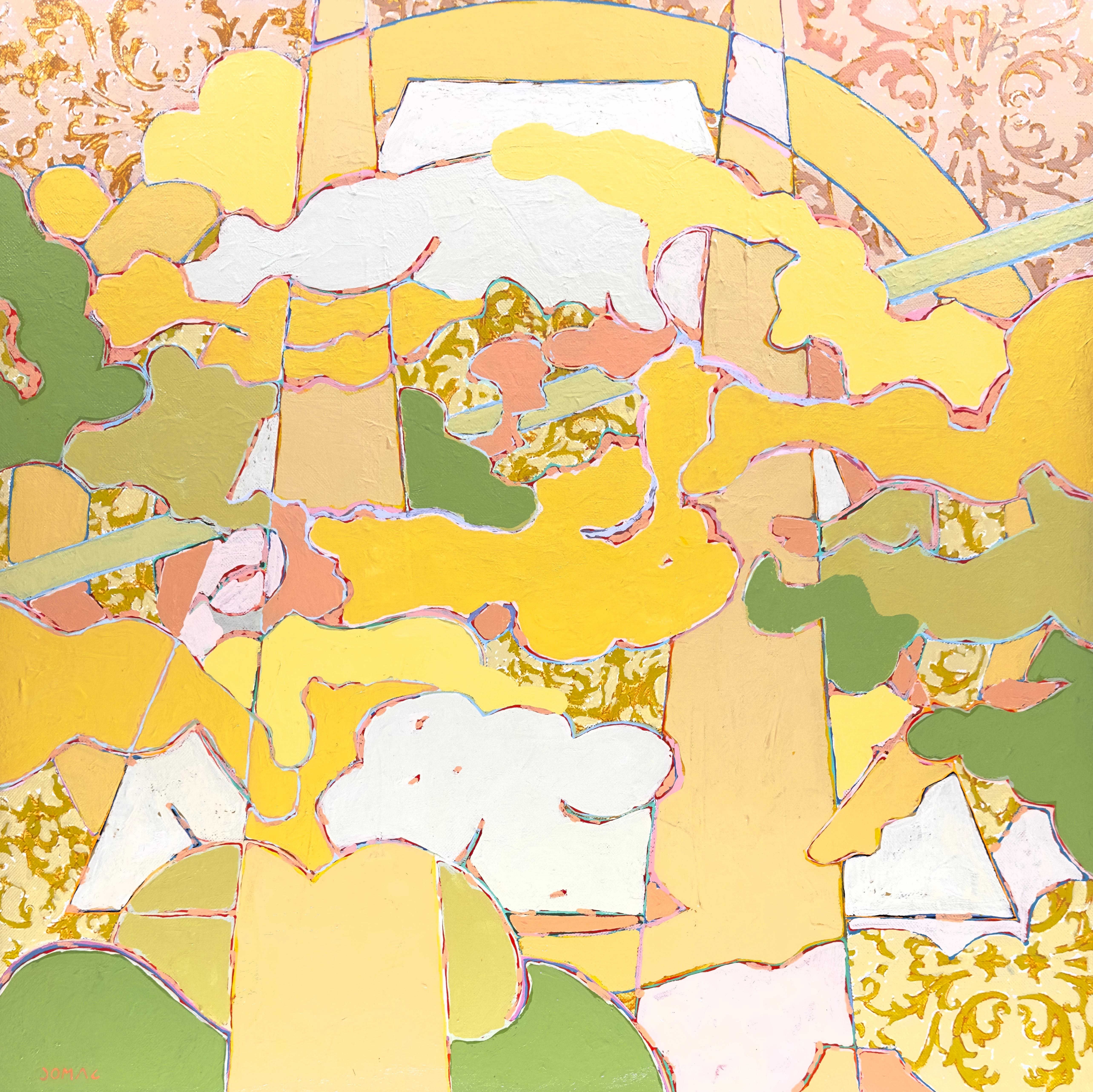 Joseph McAleer Landscape Painting – Sky Pilot: zeitgenössisches abstraktes Gemälde in Gold mit modernem Stil aus der Mitte des Jahrhunderts