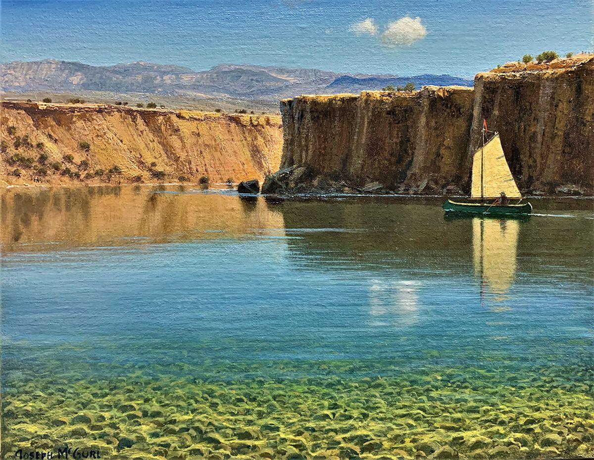 Joseph McGurl Landscape Painting - Becalmed: The Sailing Canoe