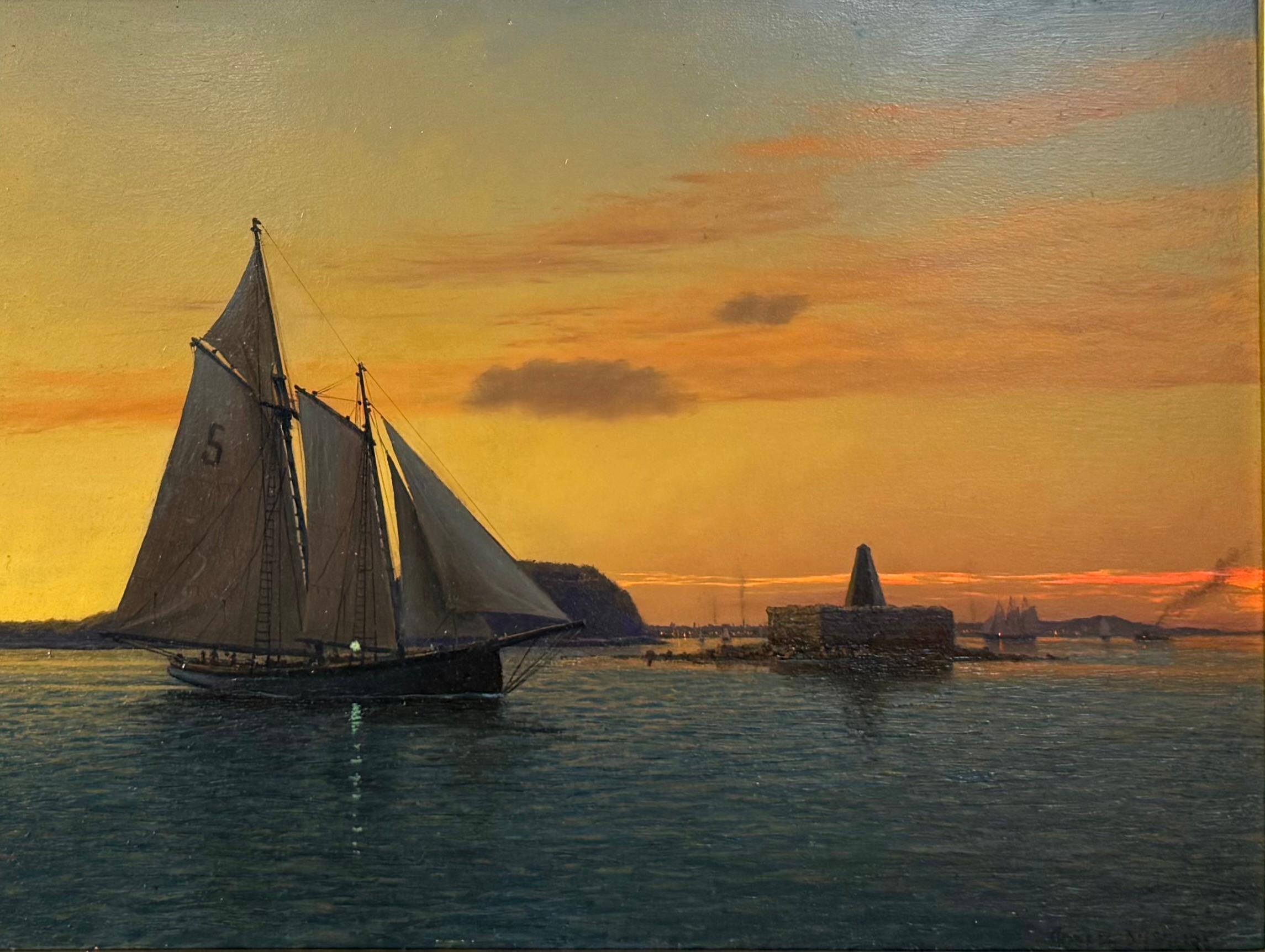 Joseph McGurl Landscape Painting - “Sunset Sail, Nixes Mate, Boston Harbor”