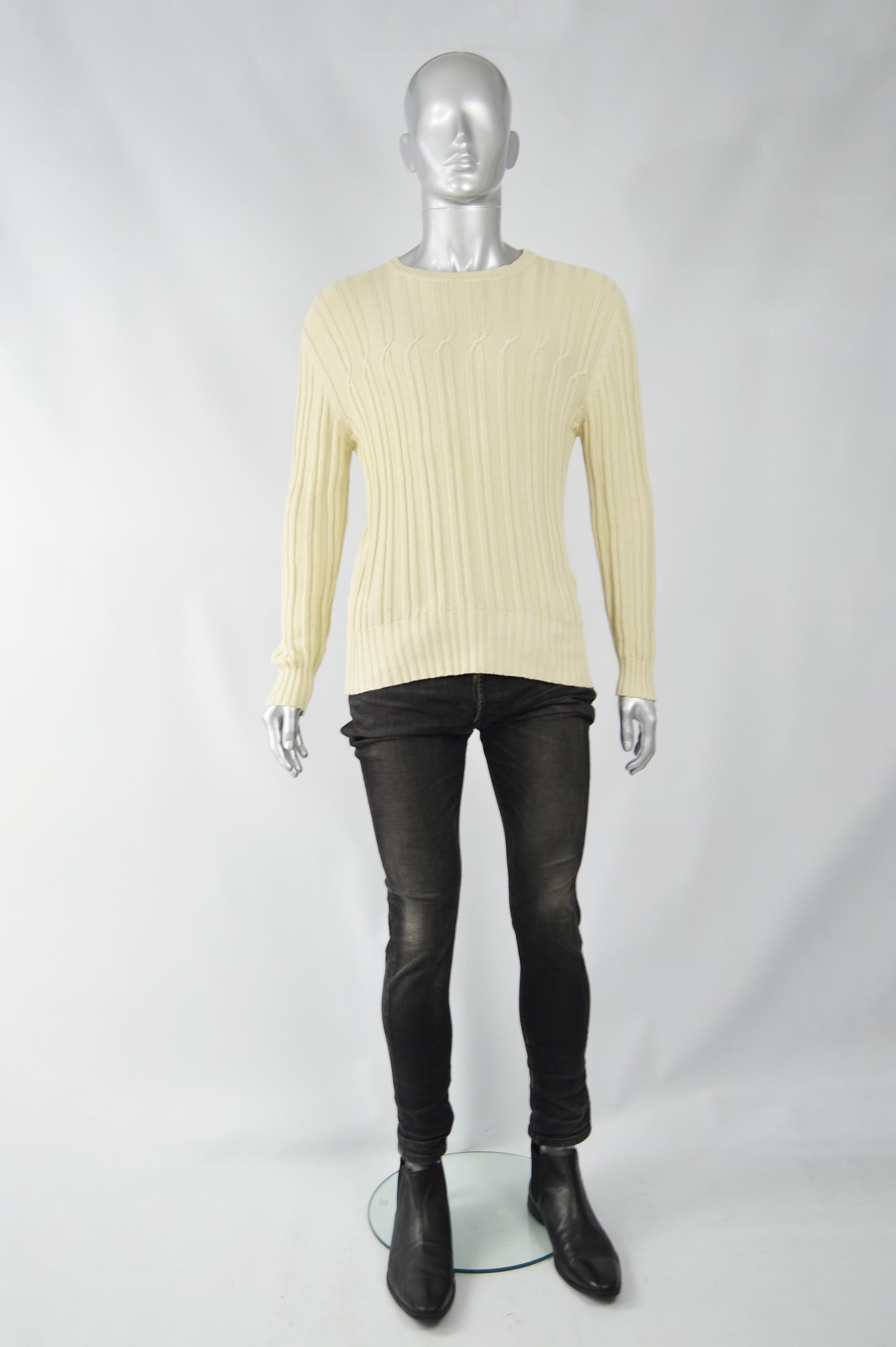 A stylish men's preowned Joseph slim fitting long sleeve sweater in a cream cotton knit with an interesting textured cable knit. 

Size: Marked EU 50 which is roughly a men's Large. Please check measurements. 
Chest - 42” / 106cm
Waist - 34” /