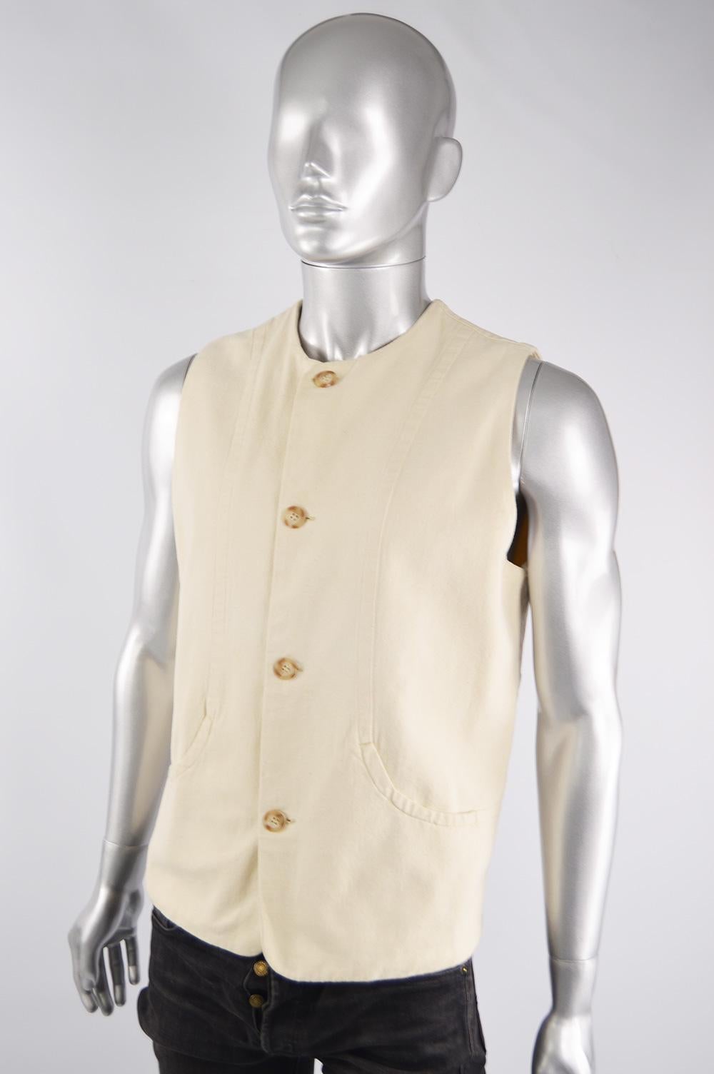 Joseph Men's Vintage Double Cloth Woven Beige Cotton Waistcoat Vest, 1980s In Good Condition For Sale In Doncaster, South Yorkshire