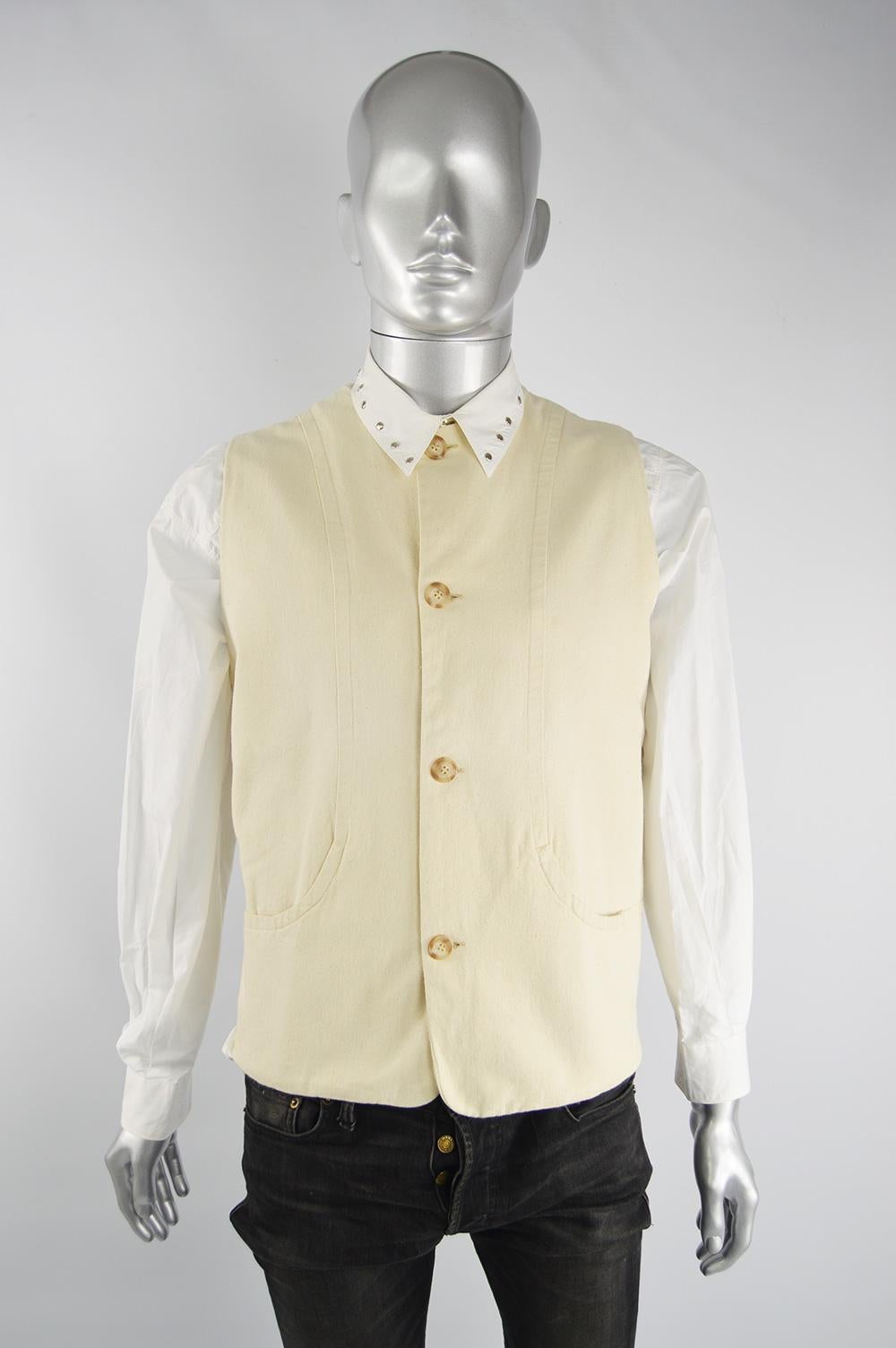 Joseph Men's Vintage Double Cloth Woven Beige Cotton Waistcoat Vest, 1980s For Sale 3