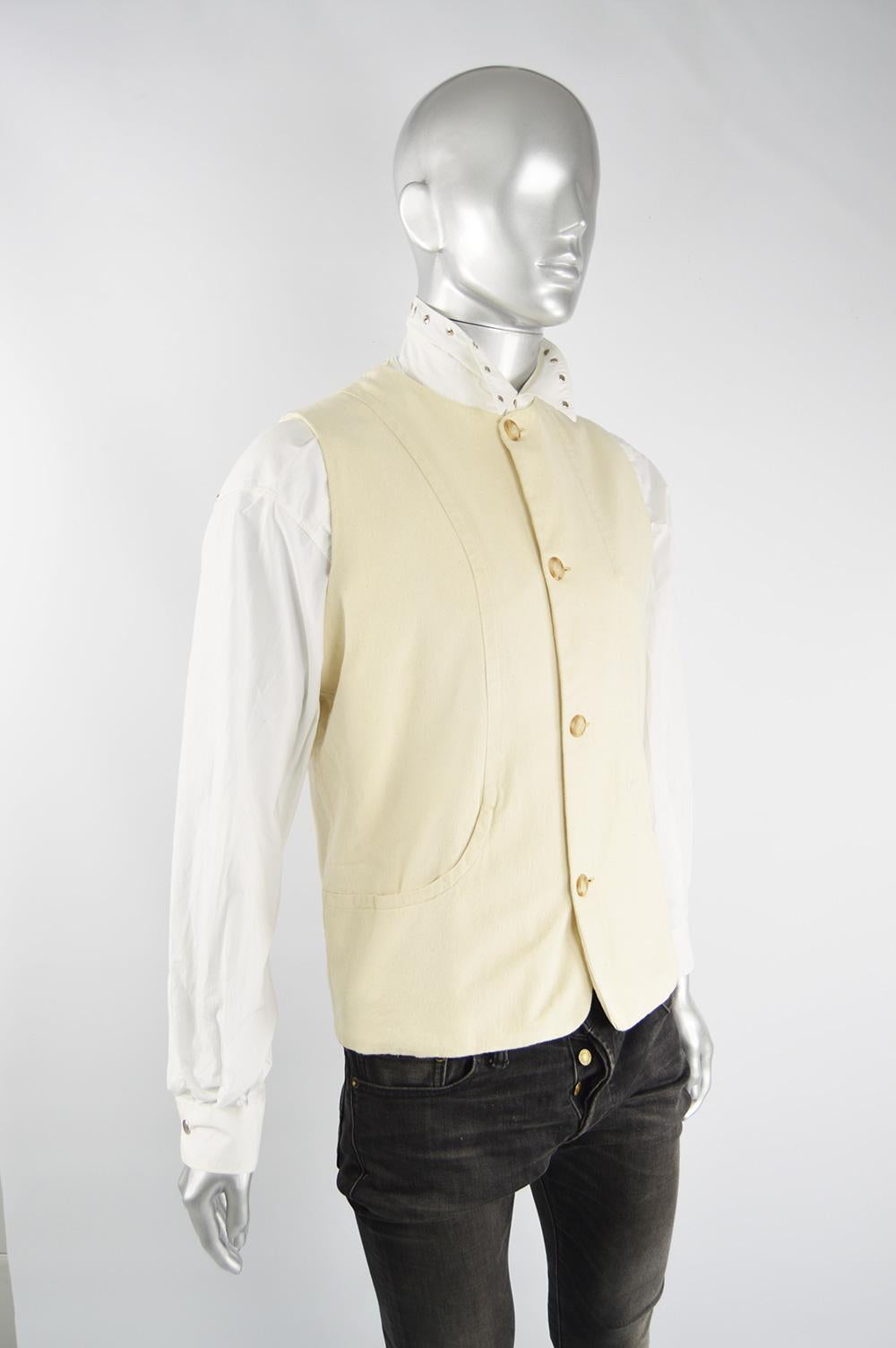 Joseph Men's Vintage Double Cloth Woven Beige Cotton Waistcoat Vest, 1980s For Sale 4