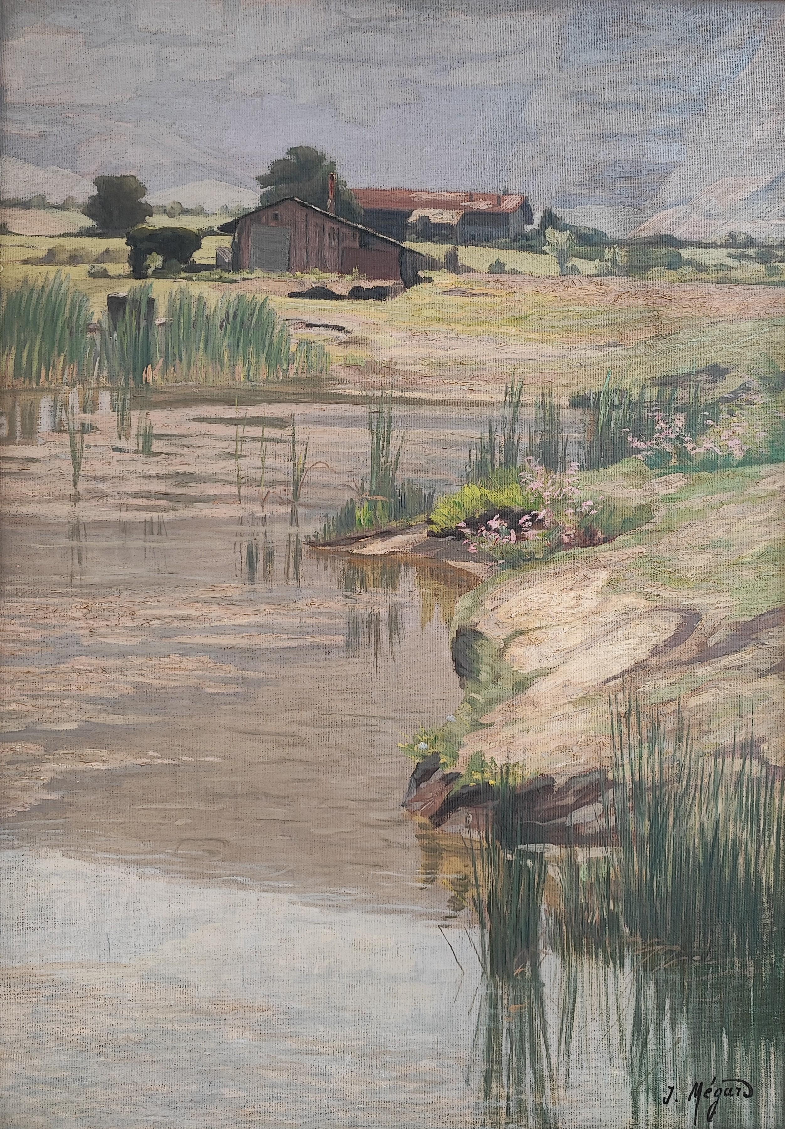 Joseph Mégard Landscape Painting – Bauernhof und Sumpf am Fuße des Salève