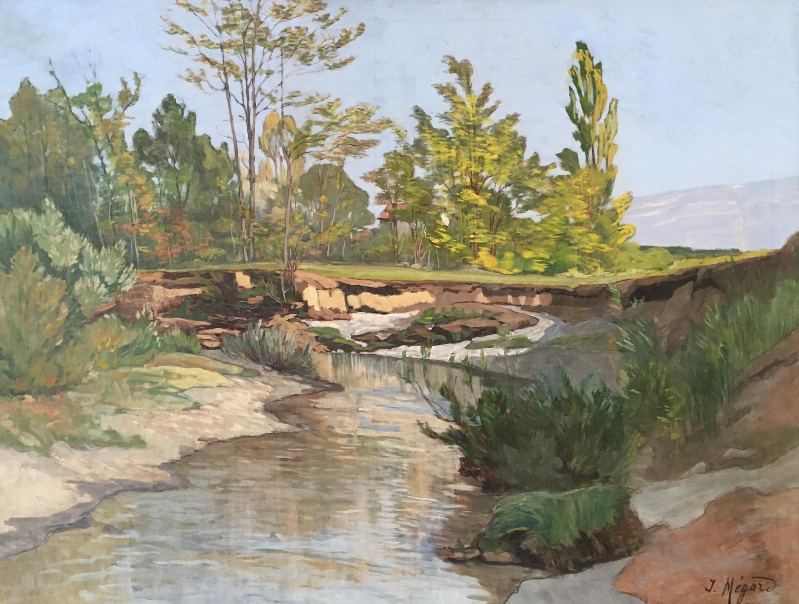Joseph Mégard Landscape Painting - Landscape on the banks of a river and view of the Salève