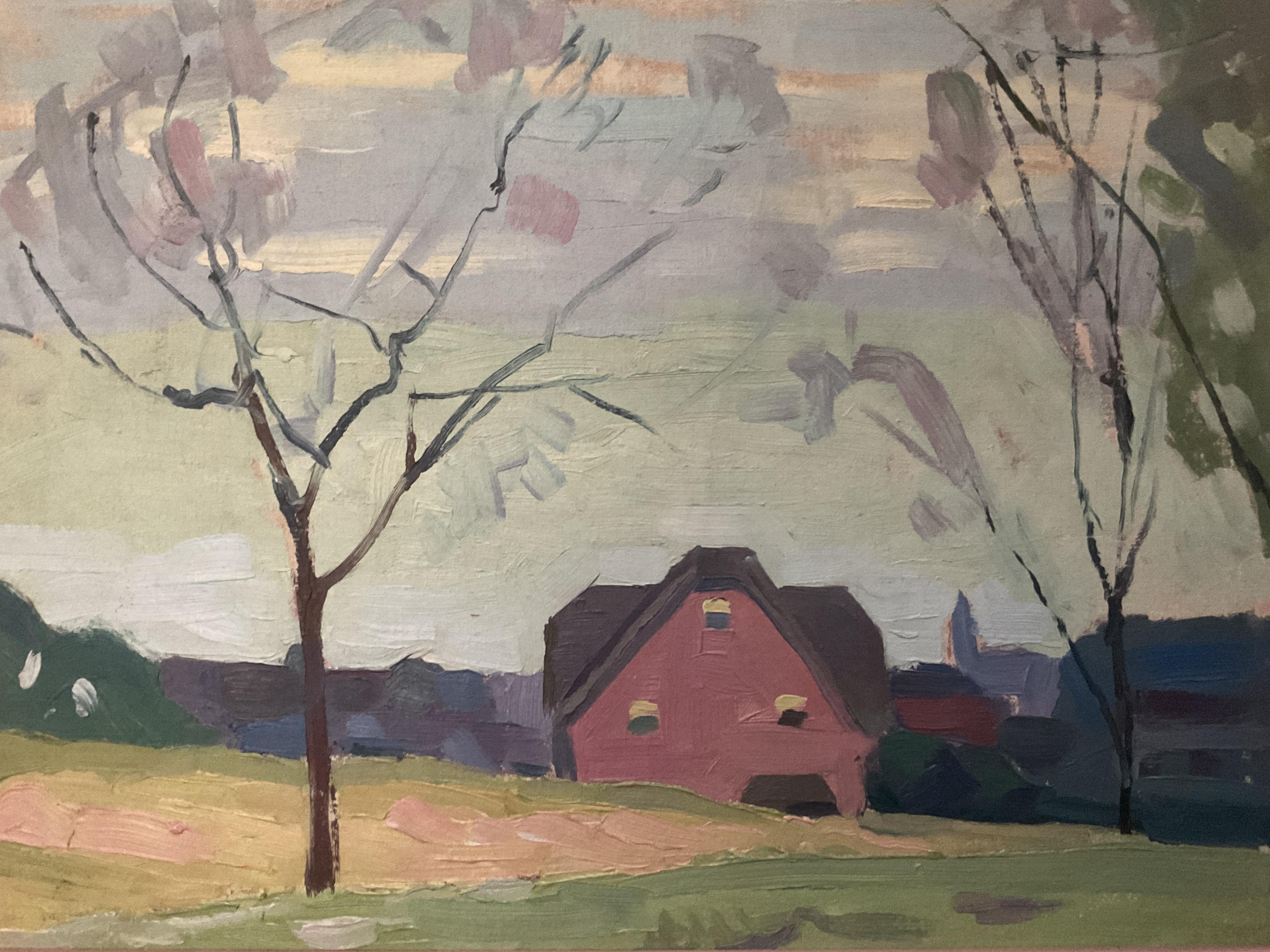 Pintura modernista americana de escena urbana del artista de Pensilvania Joseph M. Plavcan - Painting de Joseph Michael Plavcan
