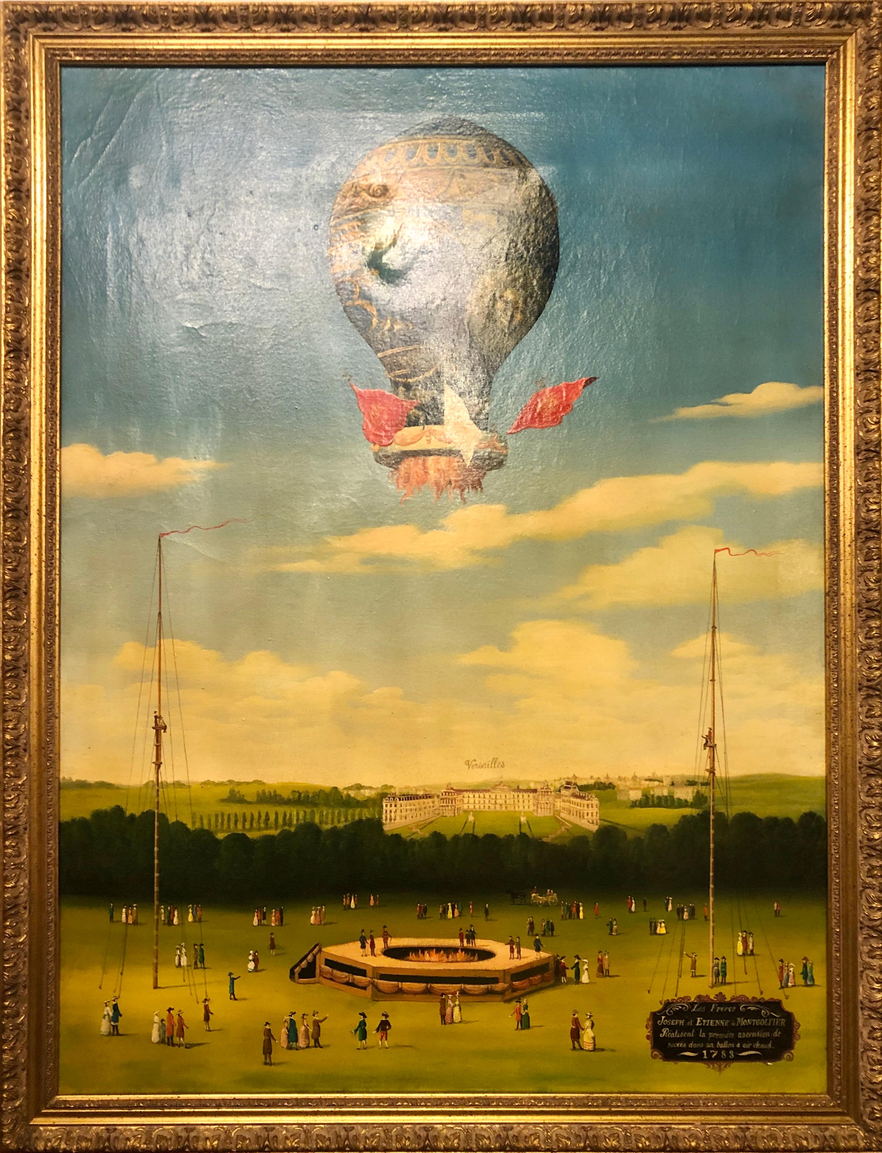Joseph-Michel Montgolfier and Jacques-Étienne Montgolfier oil painting on canvas depicting hot air balloon over Versailles. Titled 