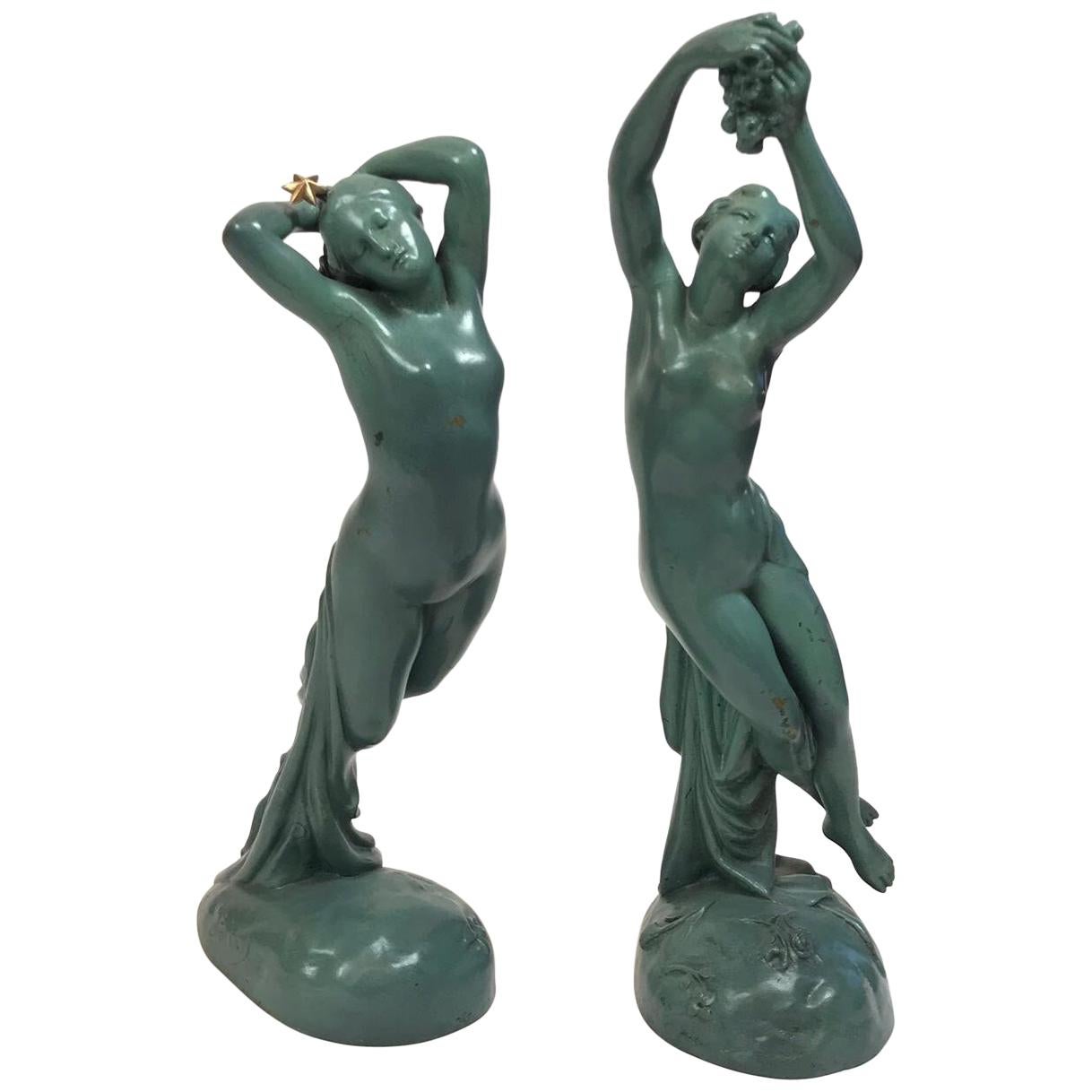 Joseph Michelangelo Pollet 2 Painted Bronze Figures, "Une Heure De La Nuit"