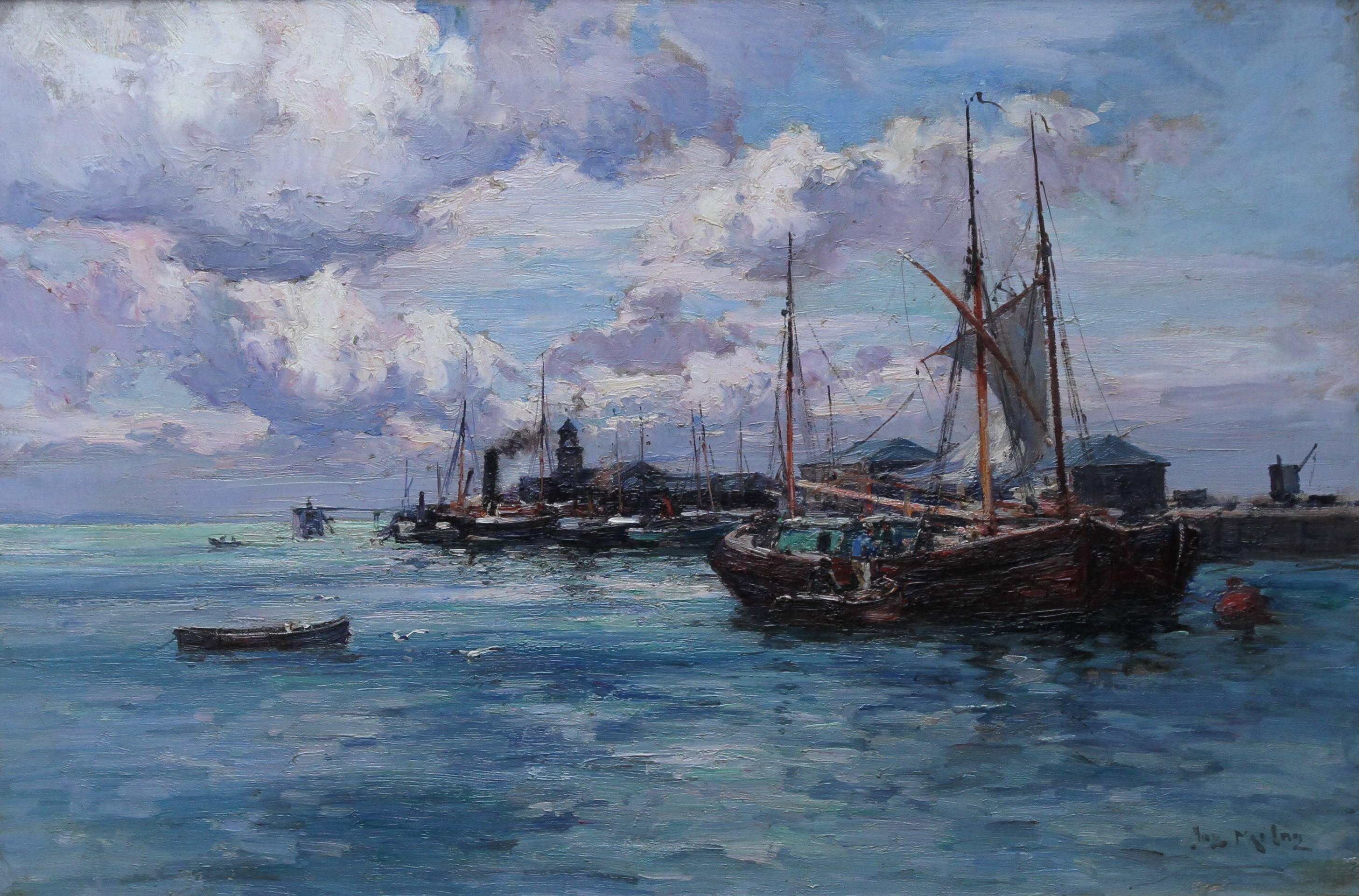 Boats at Harbour - Scottish art Victorian Impressionist oil painting seascape 3