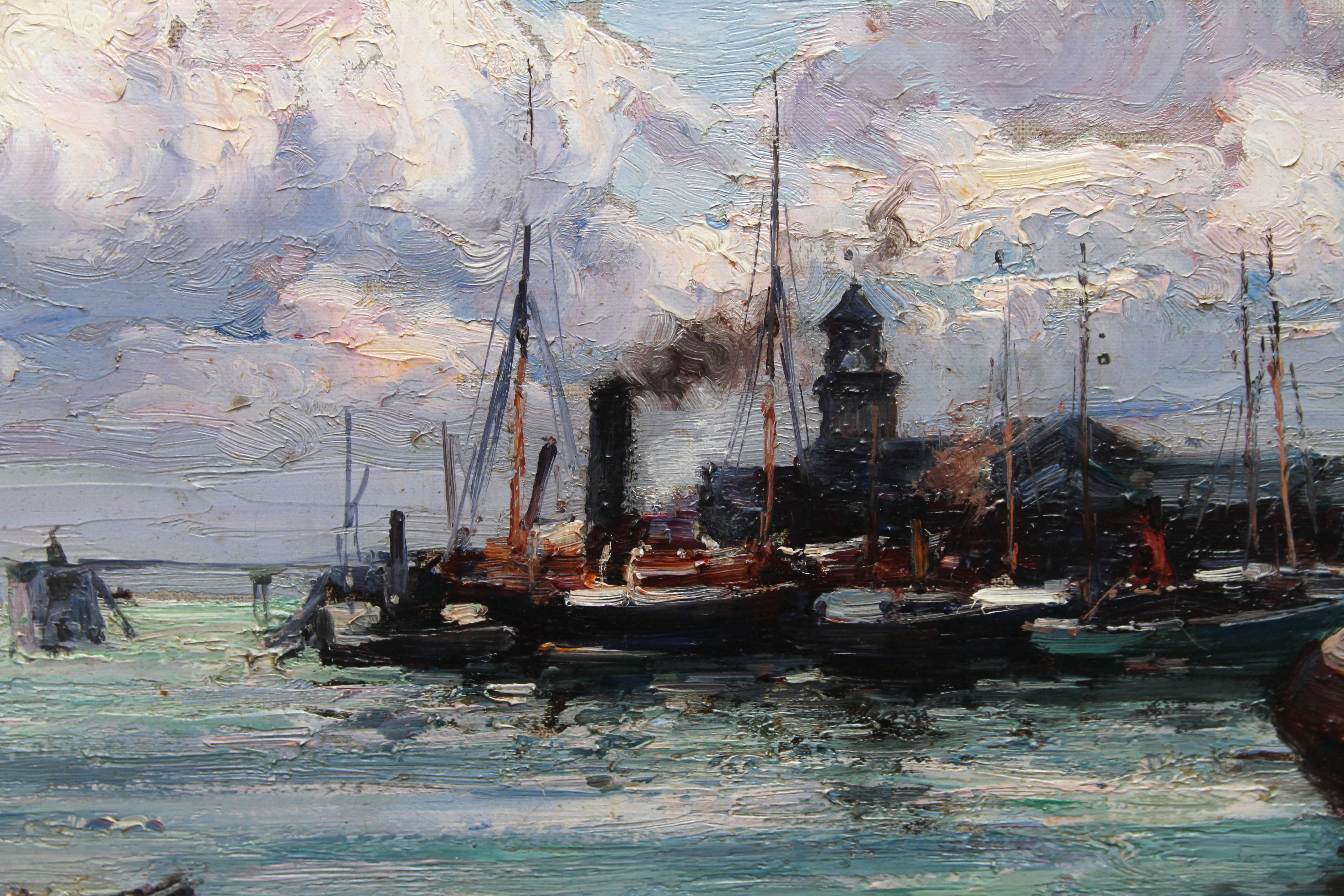 Boats at Harbour - Scottish art Victorian Impressionist oil painting seascape - Gray Landscape Painting by Joseph Milne