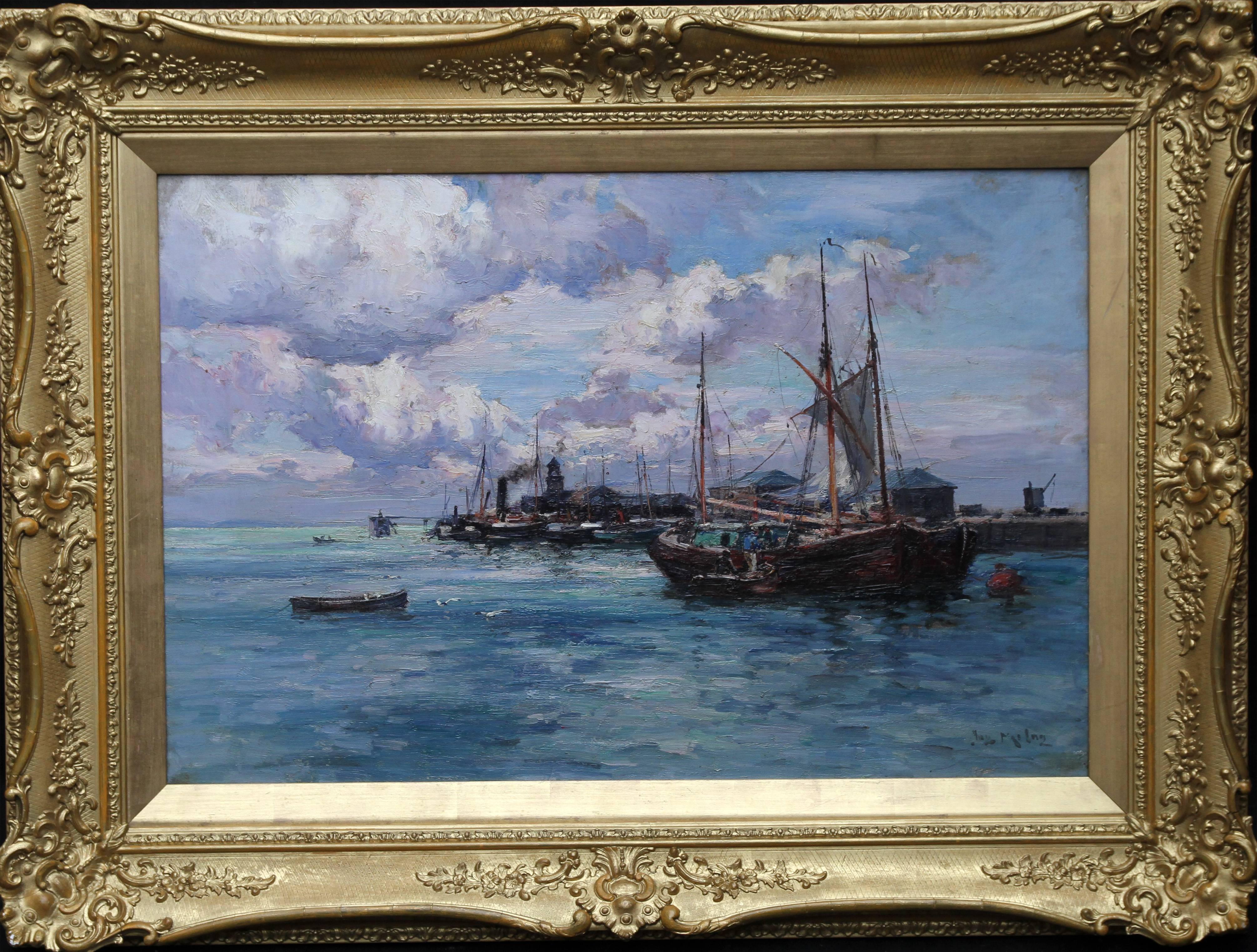 Joseph Milne Landscape Painting - Boats at Harbour - Scottish art Victorian Impressionist oil painting seascape